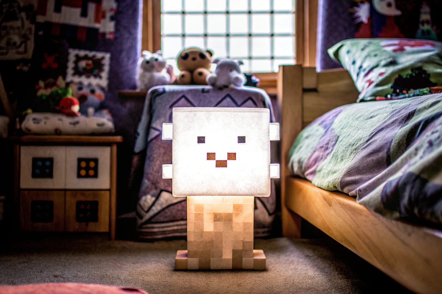 Die Minecraft Axolotl Lampe leuchtet in einem Kinderzimmer. Minecraft Axolotl Lampe