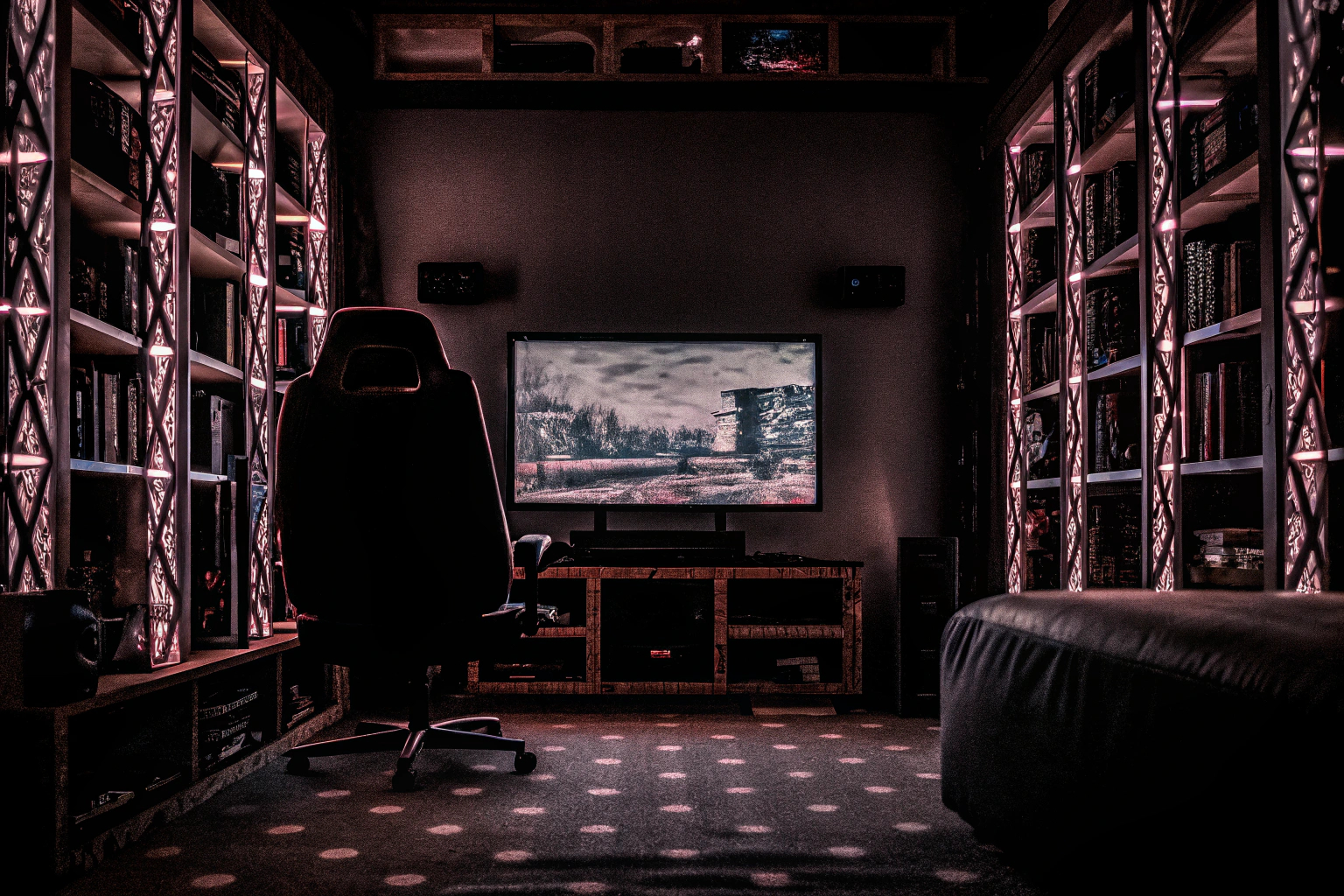 Die PlayStation Icons Leuchte in einem Gaming-Raum, die in verschiedenen Farben leuchtet und eine stimmungsvolle Atmosphäre schafft. PlayStation Icons Leuchte Gaming-Raum