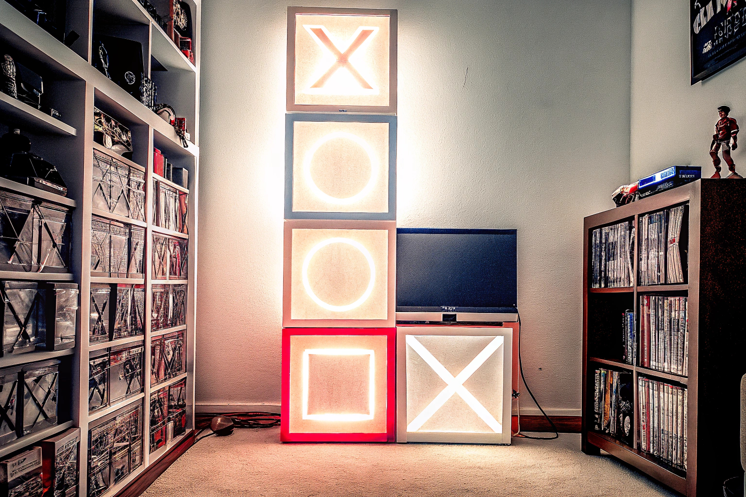 Die PlayStation Icons Leuchte in einem Raum, die verschiedene Lichtmodi zeigt. PlayStation Icons Leuchte