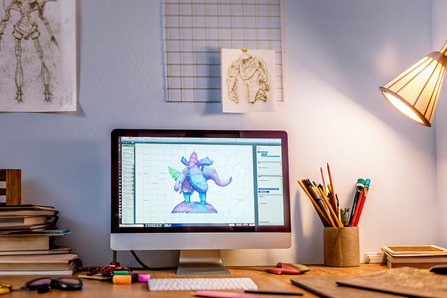 Ein 3D-Künstler arbeitet an einem Computermodell mit Blender für ein Spielprojekt. 3D-Modellierung mit Blender