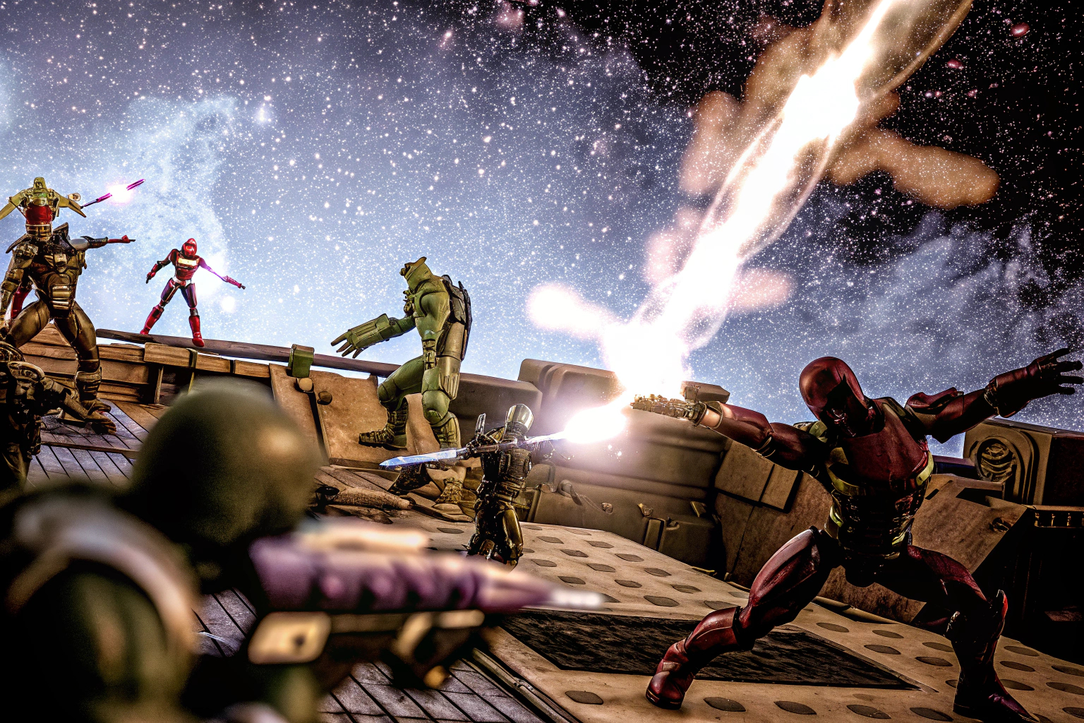 Ein actiongeladenes Szenario aus Marvel's Guardians of the Galaxy, das die Helden in einer intensiven Schlacht zeigt. Marvel's Guardians of the Galaxy Action Szene