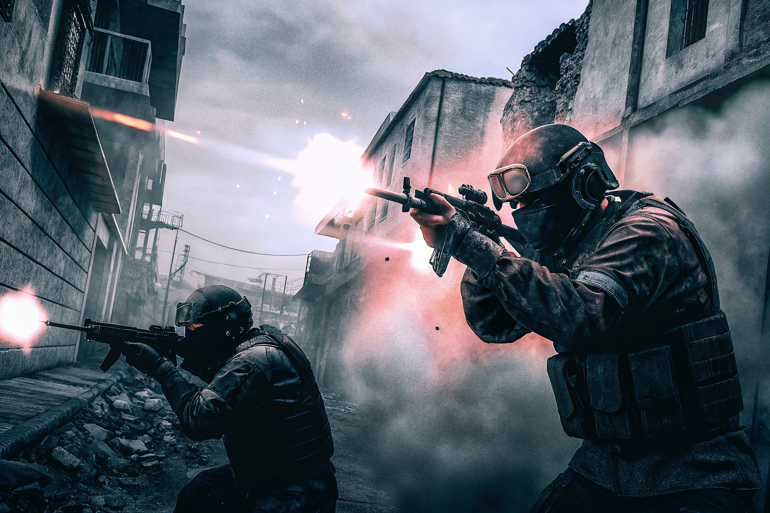 Ein actionreicher Screenshot aus einem Multiplayer-FPS-Spiel, in dem Spieler in intensiven Gefechten verwickelt sind. Multiplayer FPS-Action