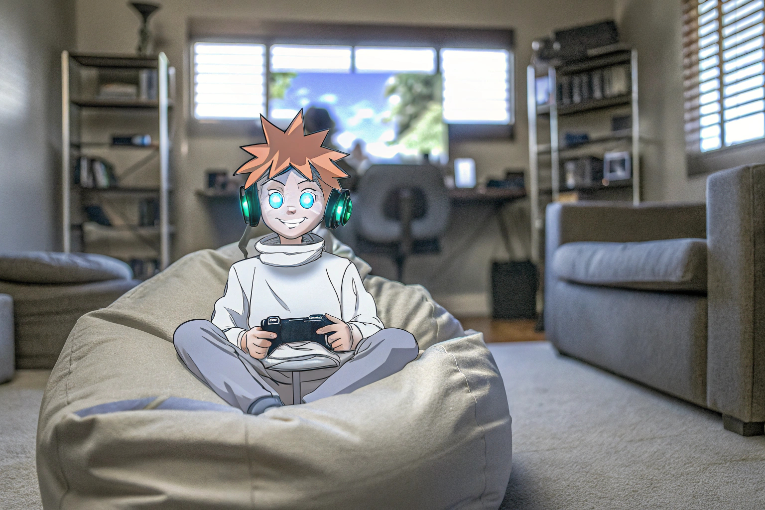 Ein Anime-Charakter mit Gaming-Konsole und Headset Anime-Gamer