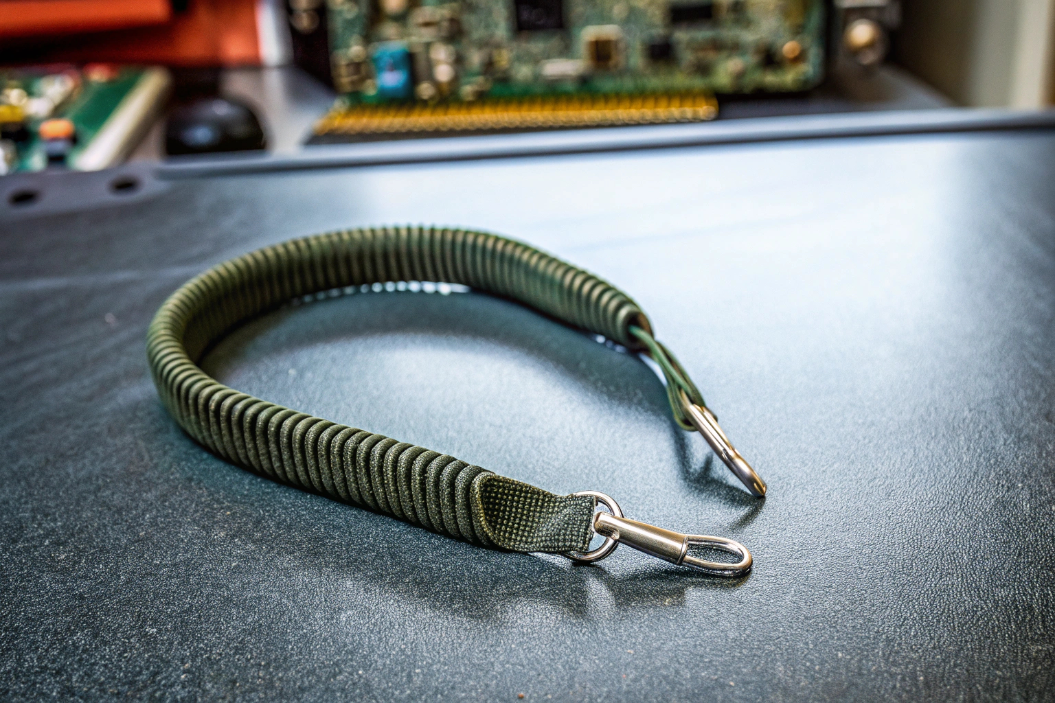 Ein antistatisches Armband in der Nahaufnahme, das für den sicheren Umgang mit elektronischen Bauteilen unerlässlich ist. Antistatisches Armband