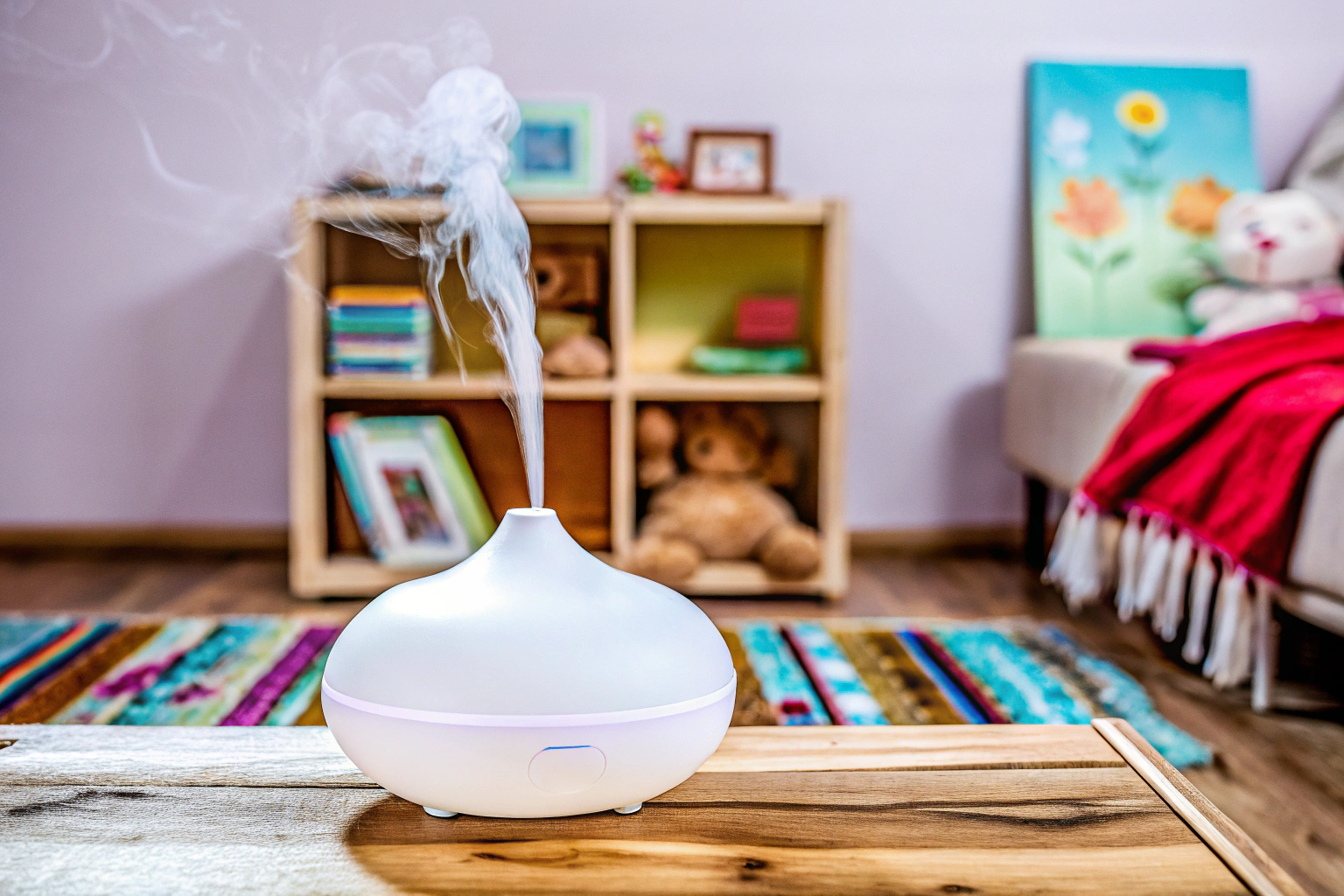 Ein Aroma-Diffuser, der sanftes Licht und duftenden Nebel verbreitet. Aroma-Diffuser im Spielzimmer
