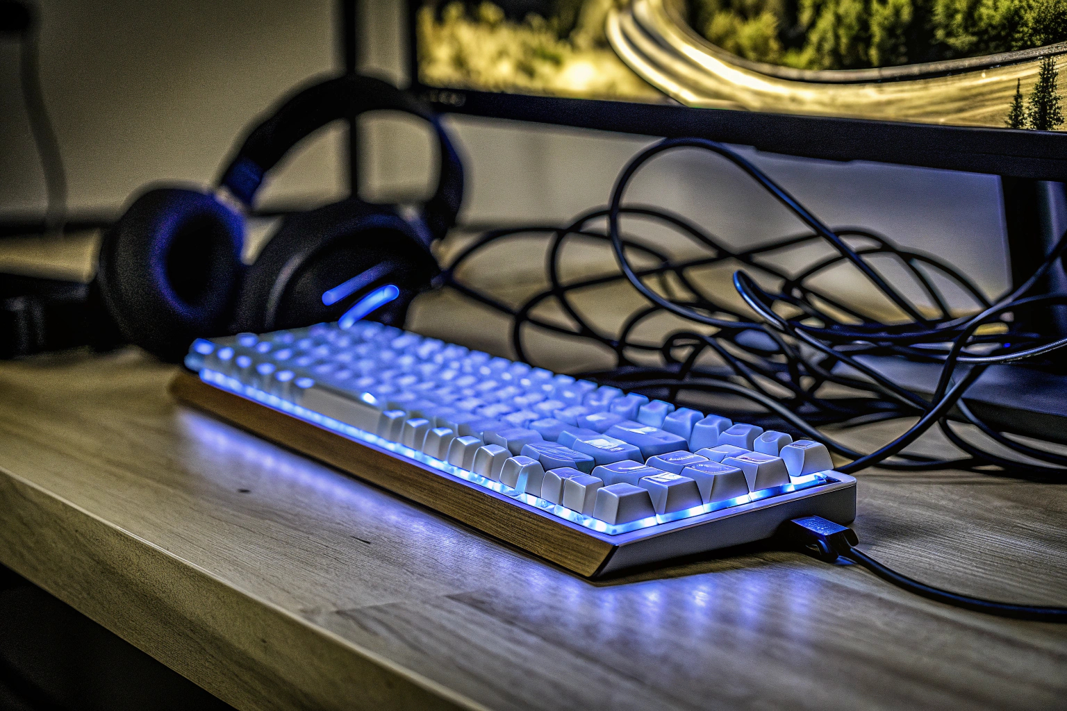 Ein aufgeräumter Gaming-Arbeitsplatz mit sauberer Tastatur und organisierter Kabelverwaltung. Ordentlicher Gaming-Arbeitsplatz