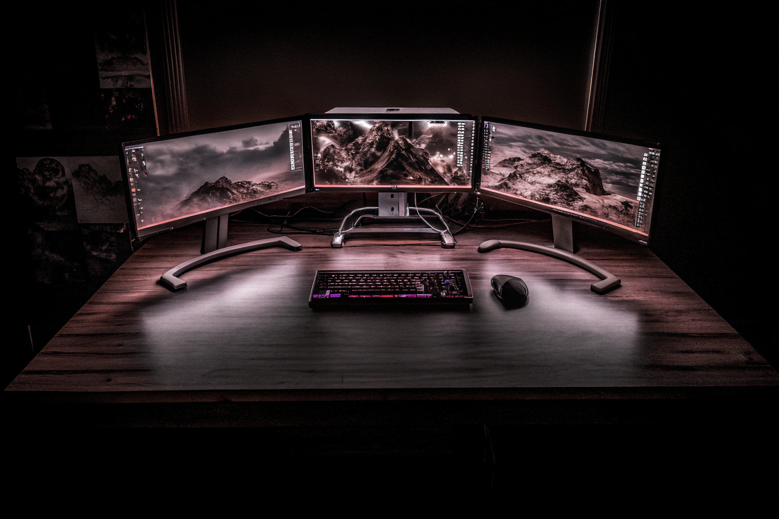 Ein aufgeräumter Gaming-Schreibtisch mit mehreren Monitoren und einer Dockingstation. Gaming-Schreibtisch mit Multi-Monitor-Setup