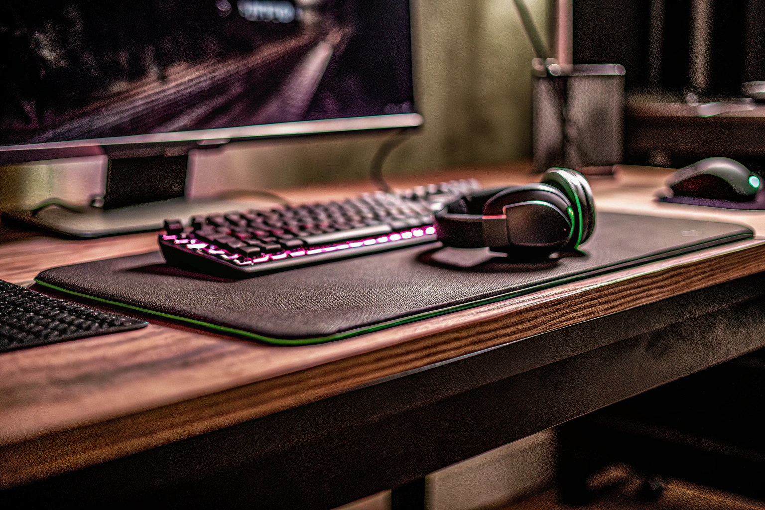 Ein aufgeräumter Gaming-Schreibtisch mit modernem Equipment und LED-Beleuchtung. Aufgeräumter Gaming-Schreibtisch