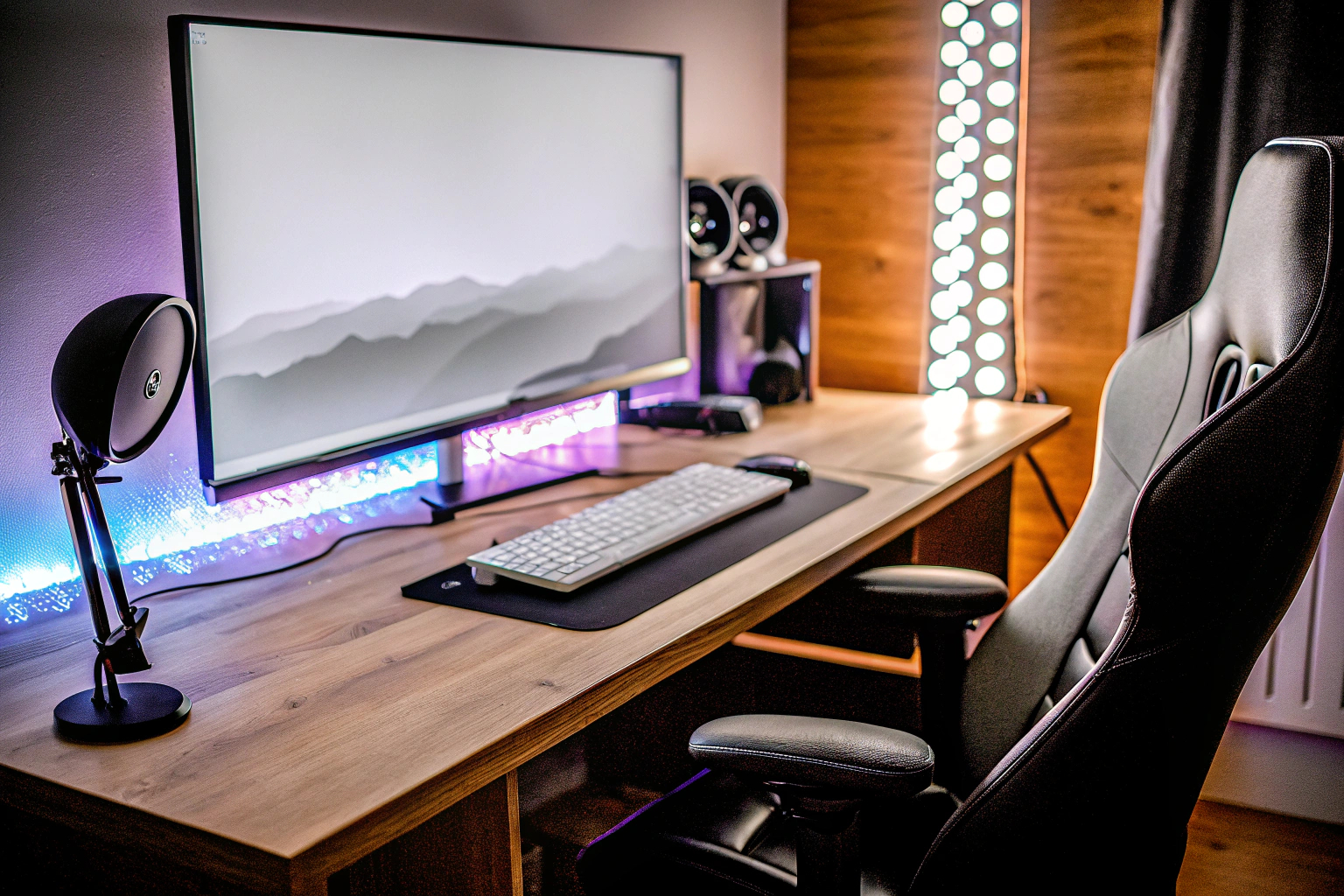 Ein aufgeräumter und gut beleuchteter Gaming-Setup mit LED-Beleuchtung und Mikrofon. Gaming-Setup mit LED-Beleuchtung