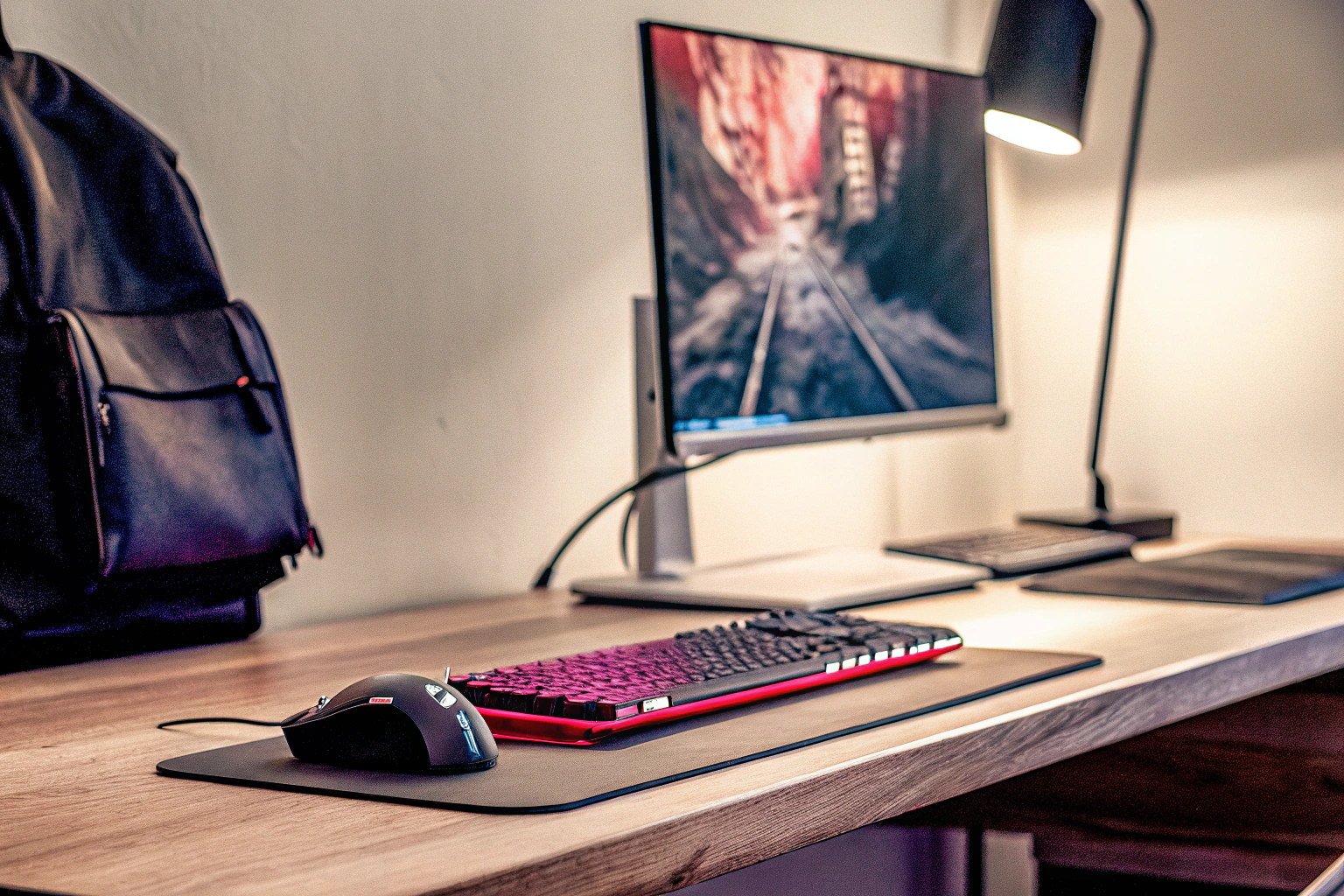 Ein aufgeräumtes Gaming-Setup mit moderner Hardware und einem Laptop-Rucksack im Hintergrund. Modernes Gaming-Setup