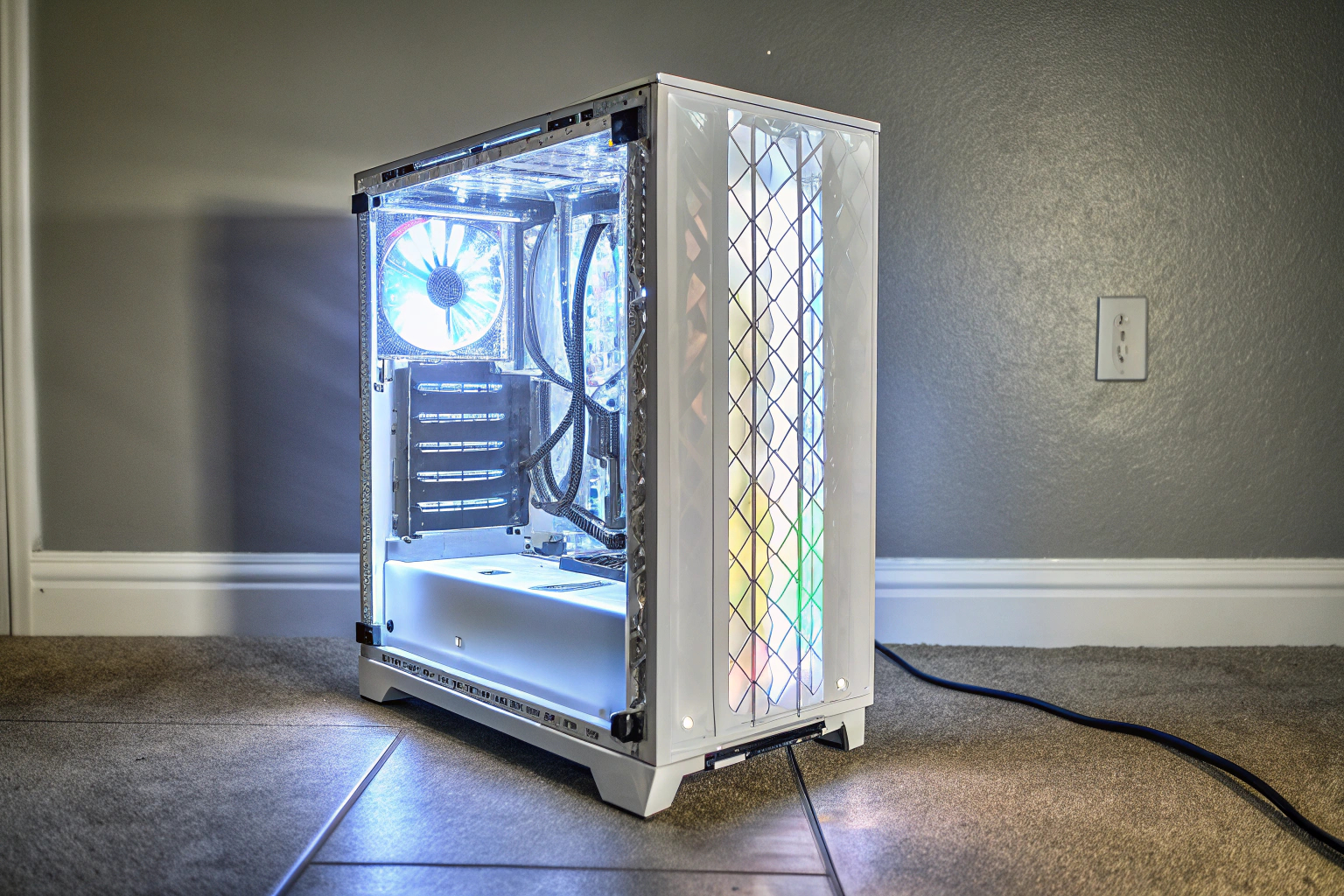 Ein beeindruckend modifizierter Gaming-PC mit ARGB-Beleuchtung und sauberem Kabelmanagement. Modifizierter Gaming-PC mit ARGB-Beleuchtung