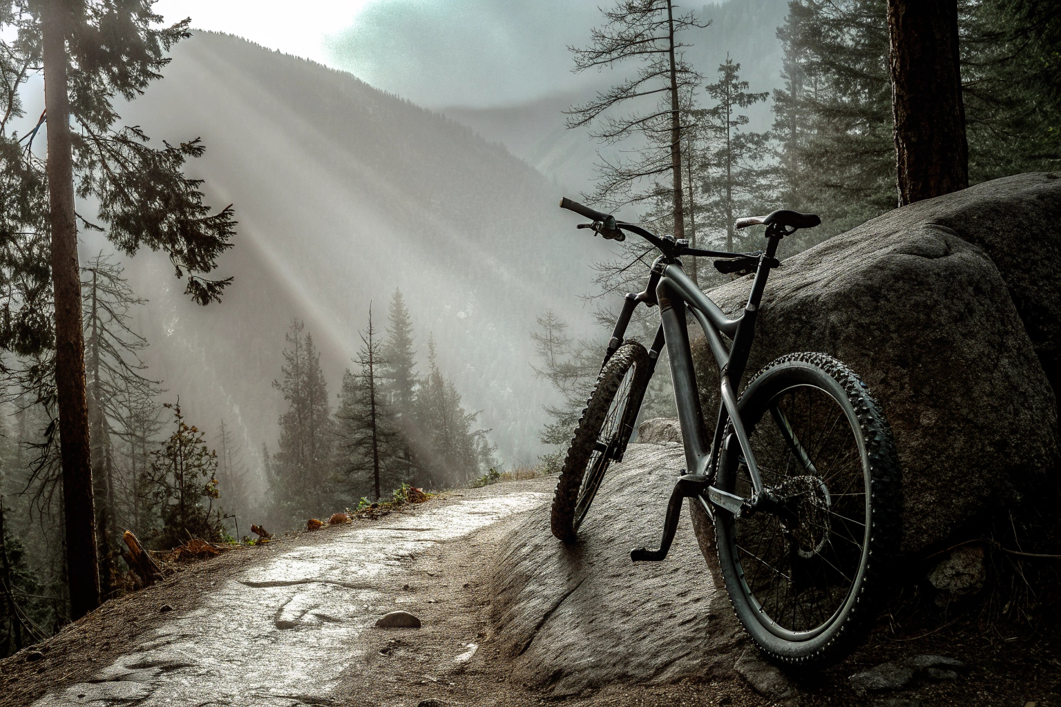 Ein beeindruckendes Offroad-Abenteuer mit einem Mountainbike auf einem steilen Bergpfad. Offroad Mountainbike Abenteuer