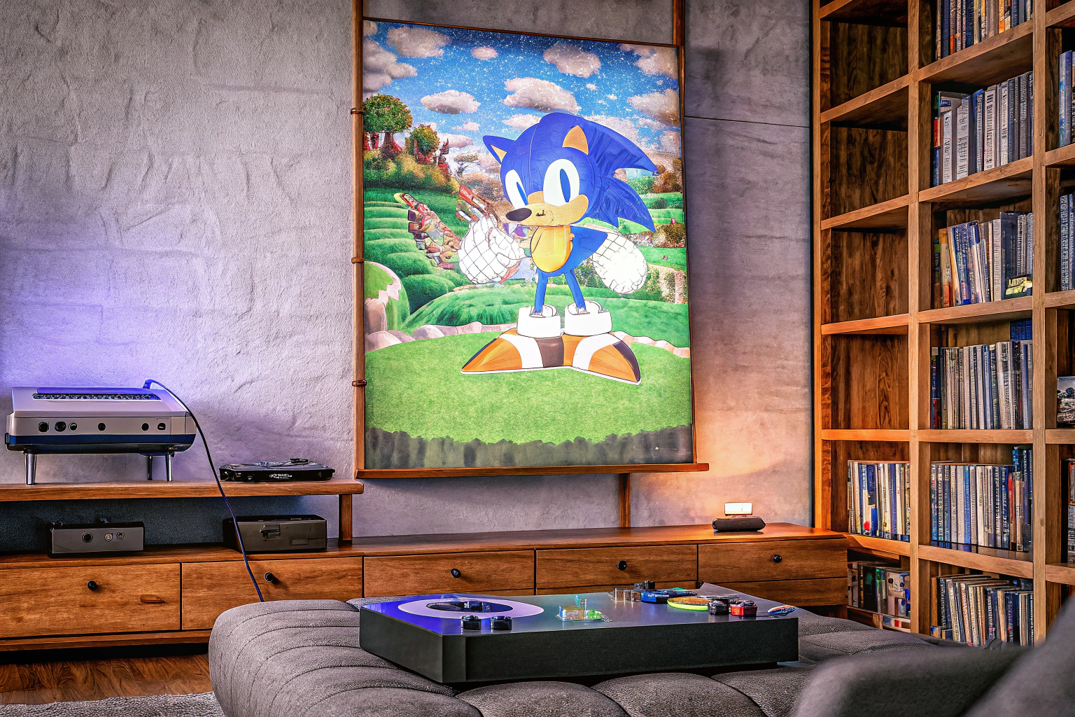 Ein begeisterter Spieler mit einem Sonic The Hedgehog 3 Poster im Hintergrund. Spieler mit Sonic The Hedgehog 3