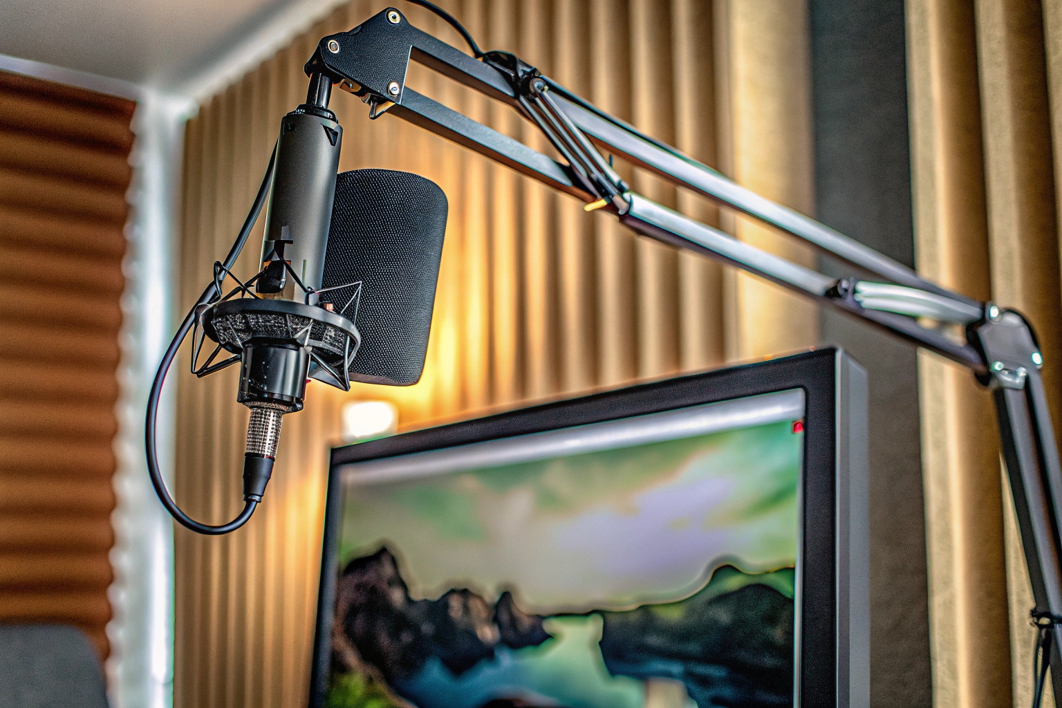 Ein beleuchtetes Setup mit Mikrofon, Webcam und LED-Licht. Streaming Setup