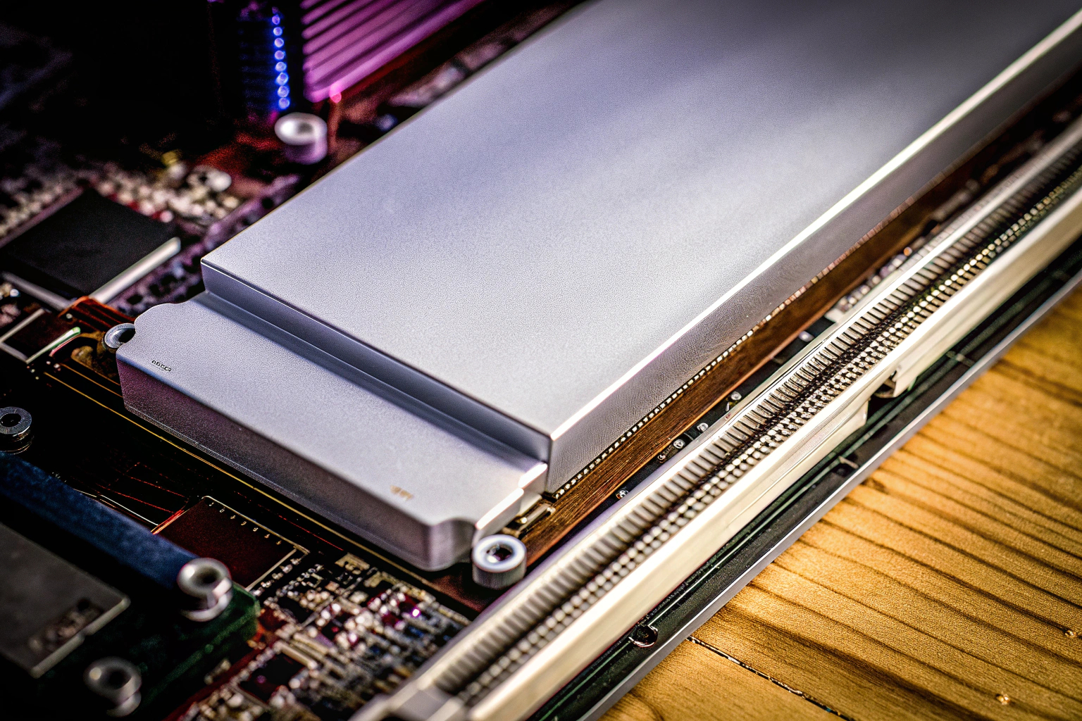Ein Bild, das die Installation einer M.2 SSD auf einem Motherboard zeigt. Installation einer M.2 SSD