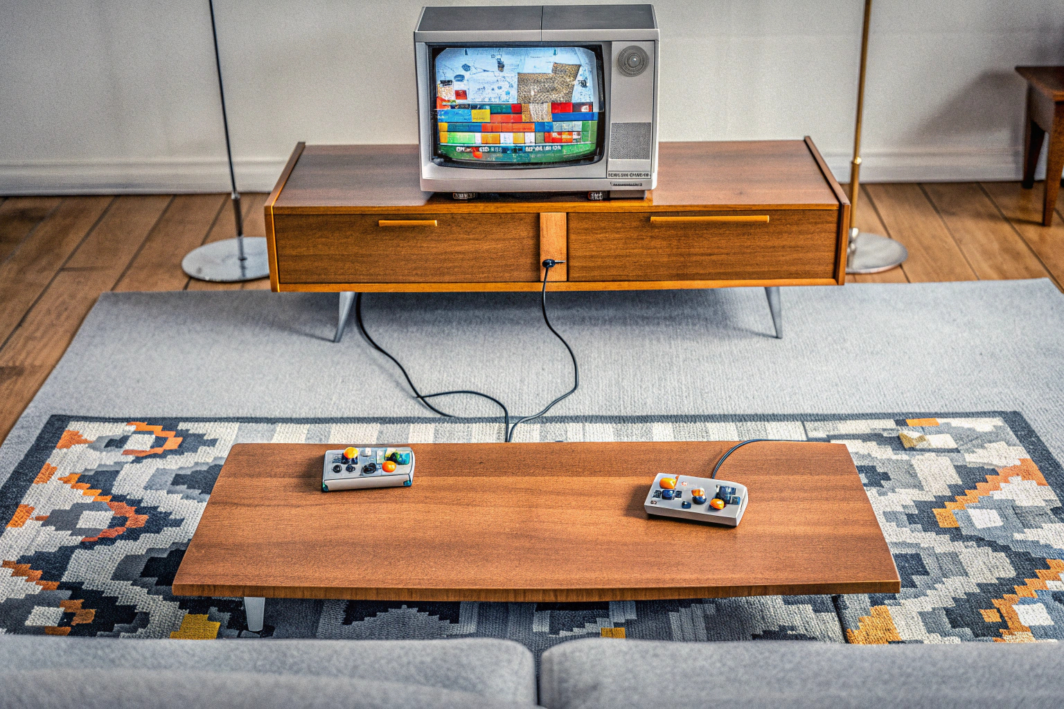 Ein Bild, das einen Spieler zeigt, der eine Retro-Konsole mit kabellosen Controllern genießt. Spielspaß mit Retro-Konsole