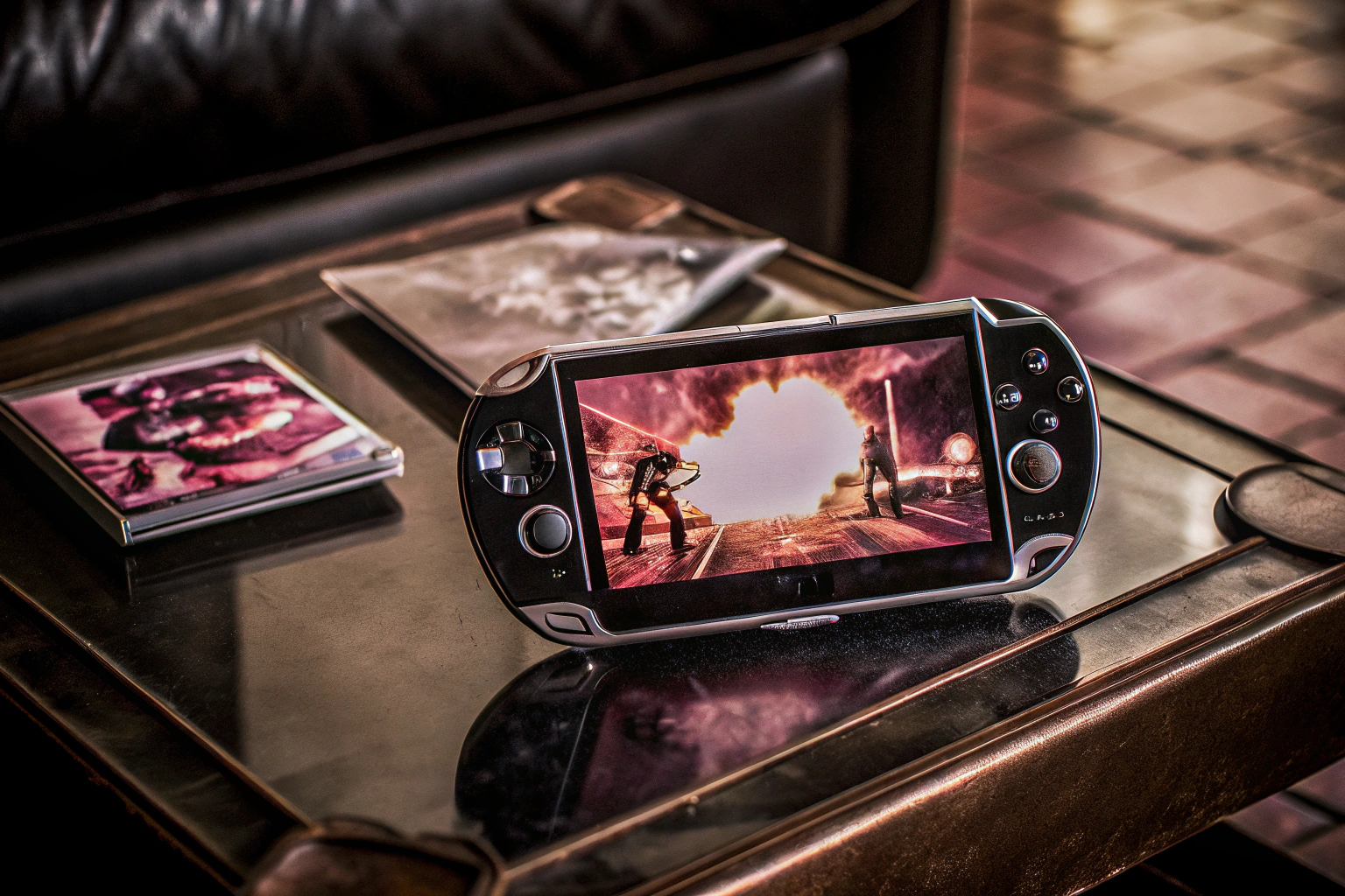 Ein Bild der PlayStation Vita Konsole, auf der ein actiongeladenes Spiel läuft. PlayStation Vita mit actiongeladenem Spiel