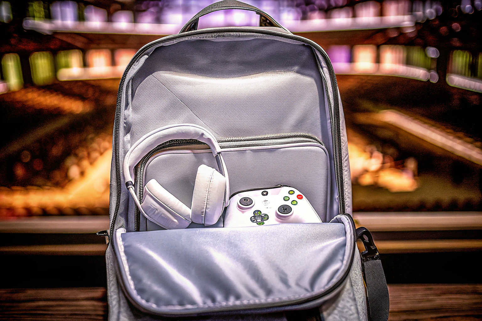Ein Bild des ENHANCE Universal Gaming Rucksacks, gefüllt mit Gaming-Ausrüstung. ENHANCE Universal Gaming Rucksack