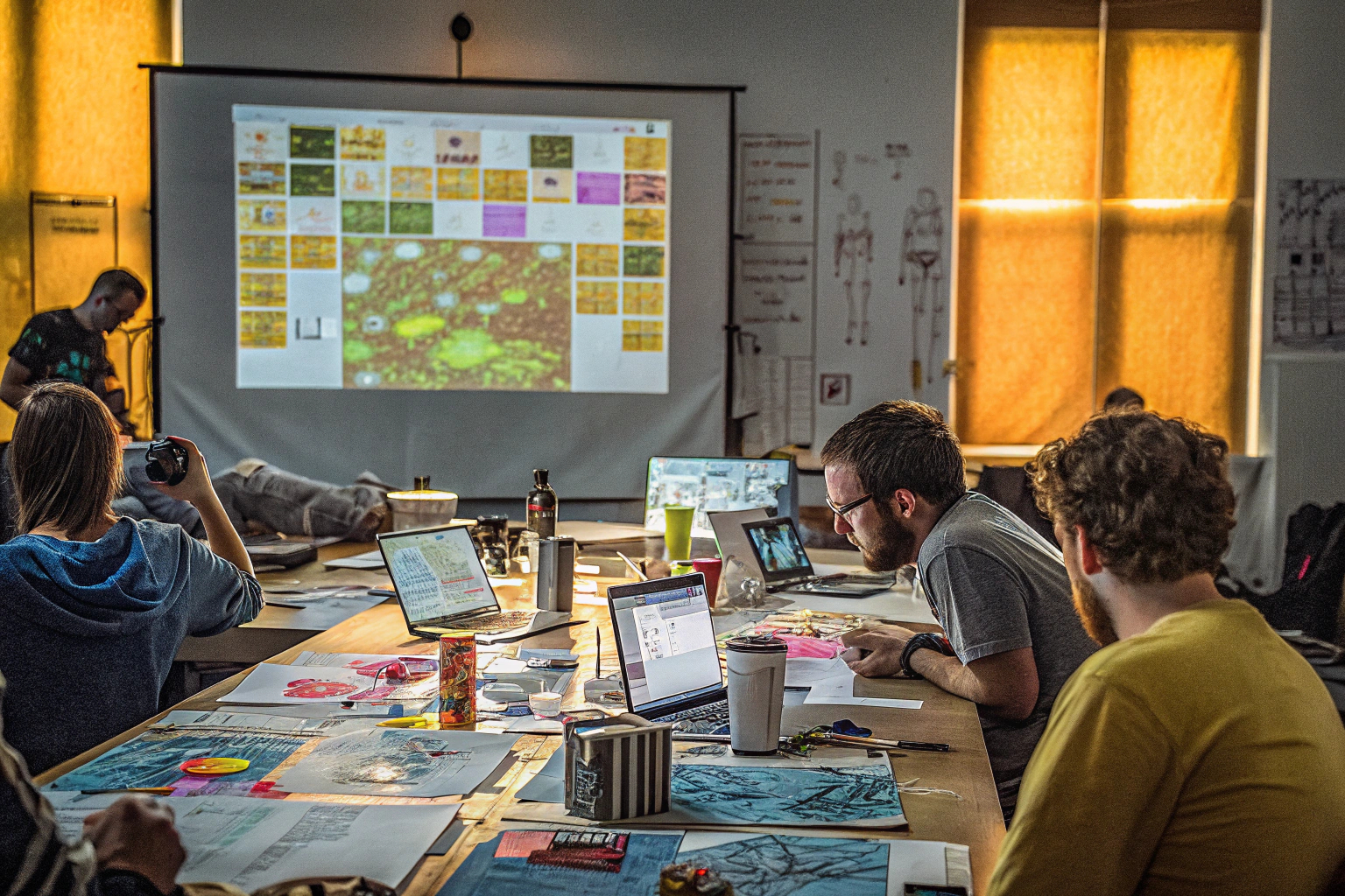 Ein Bild einer Gruppe von Entwicklern, die gemeinsam an einem Game-Jam teilnehmen. Game-Jam-Teilnehmer