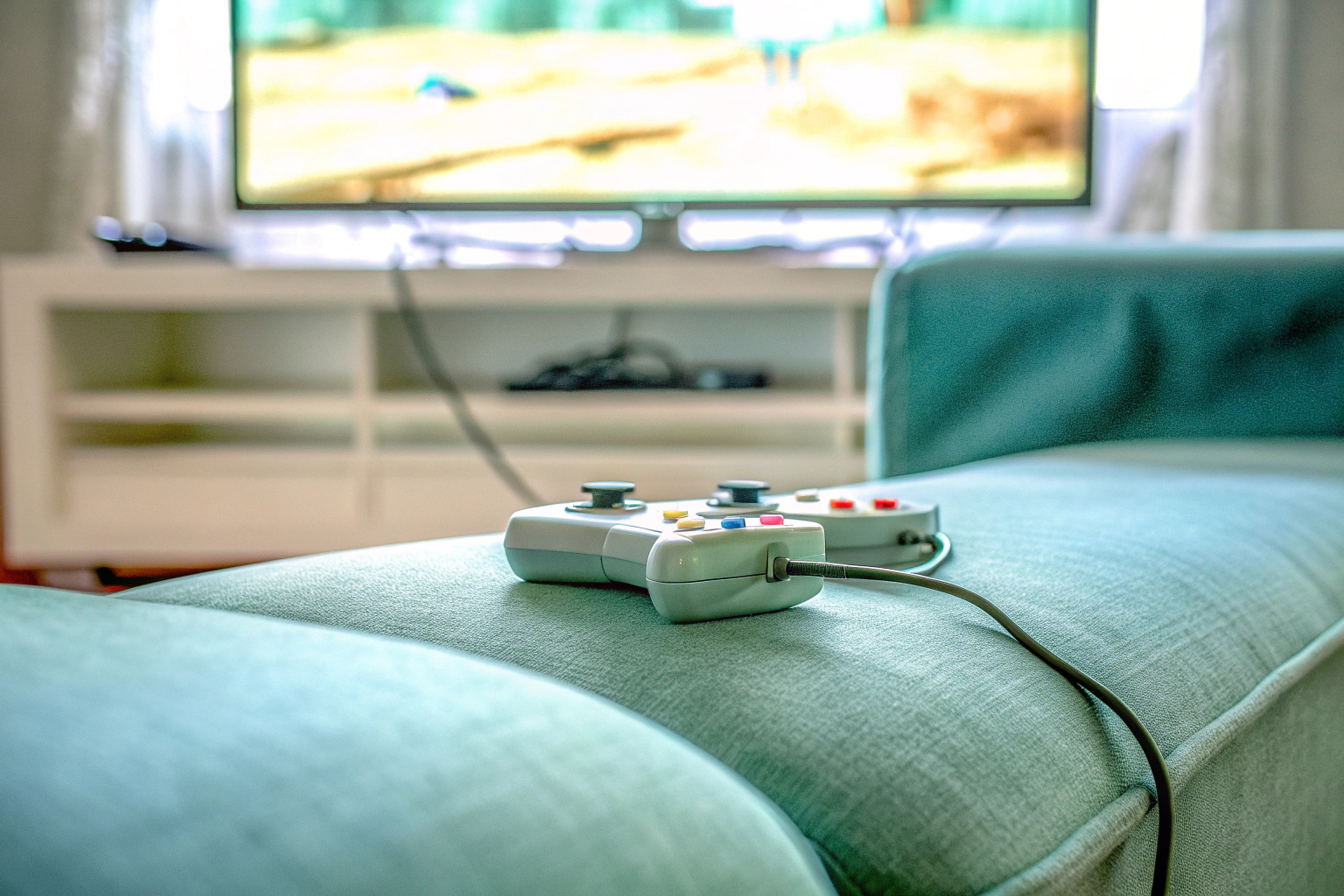 Ein Bild einer Retro-Konsole mit kabellosen Controllern, die an einen modernen Fernseher angeschlossen ist. Retro-Konsole mit modernen Funktionen