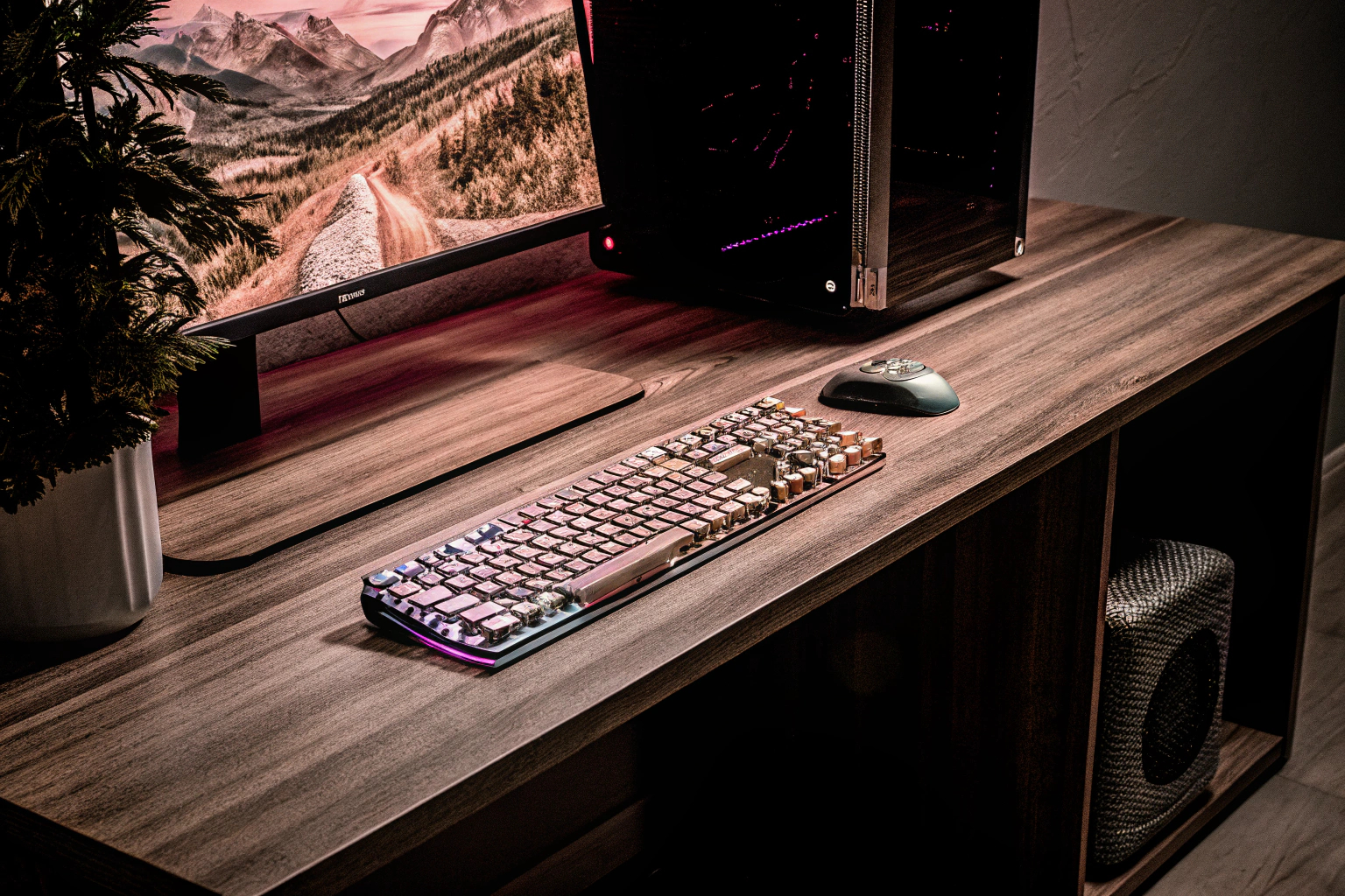 Ein Bild eines fertigen PC-Setups auf einem Schreibtisch mit Monitor und Tastatur. Fertiges PC-Setup