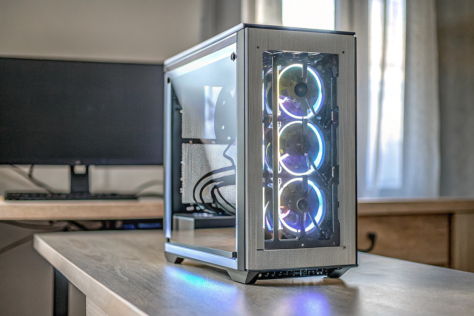 Ein Bild eines fertiggestellten Gaming-PCs mit leuchtenden RGB-Komponenten. Fertiggestellter Gaming-PC