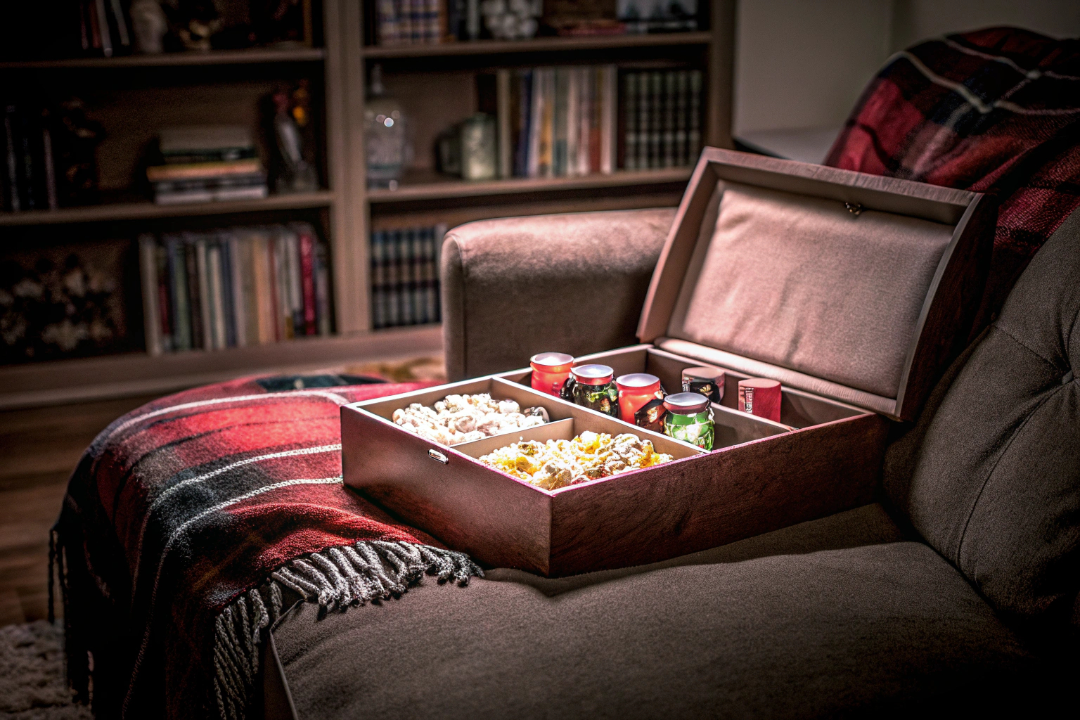 Ein Bild von der D&D Living® Couchbar Snackbox, die Snacks und Getränke für einen gemütlichen Spieleabend bereithält. Couchbar Snackbox
