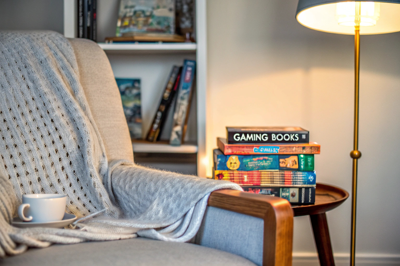 Ein Bild von einem Gamer, der in einem gemütlichen Sessel sitzt und ein Buch liest. Gamer liest ein Buch