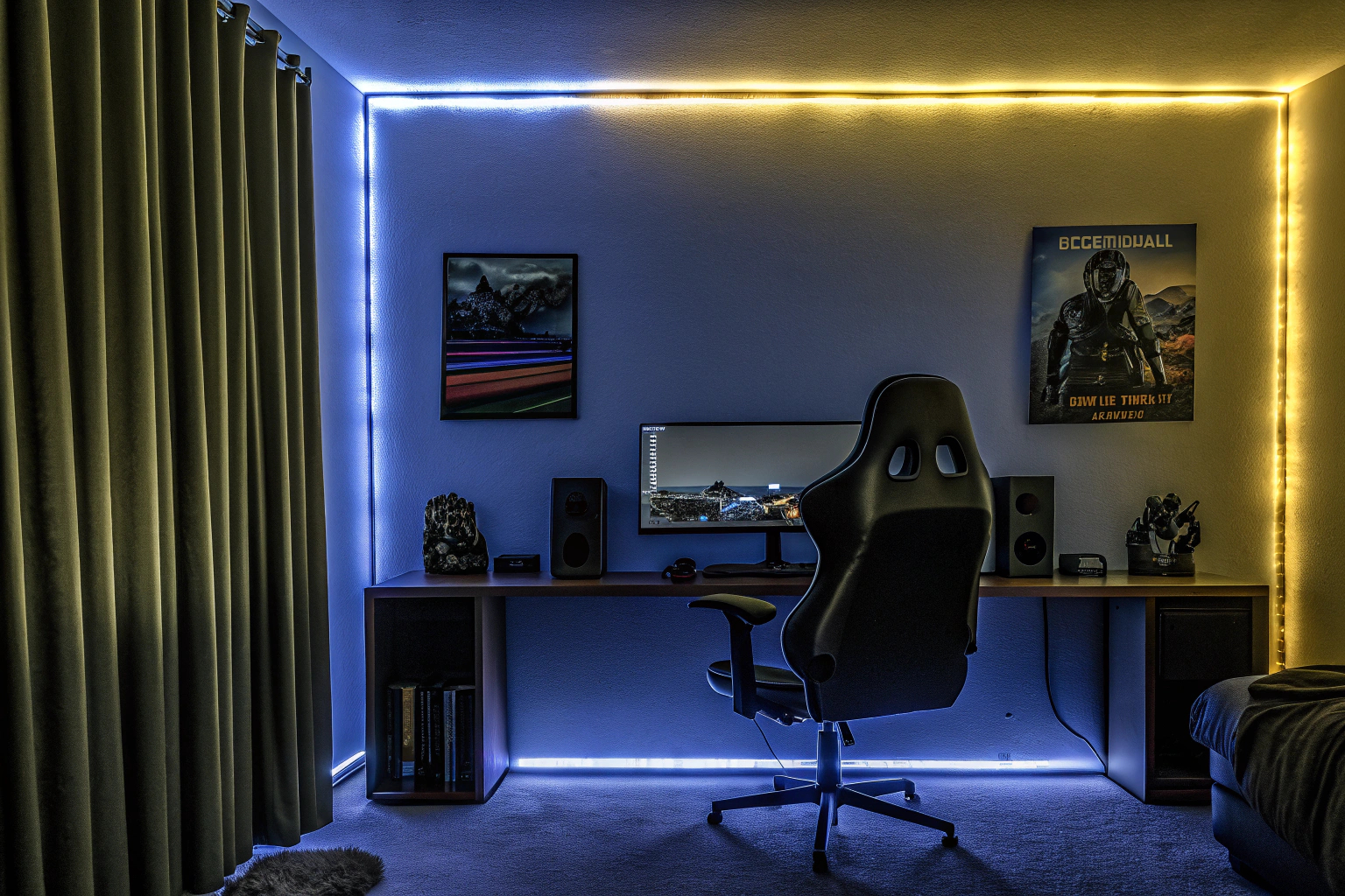 Ein Bild von einem Gaming-Zimmer, das mit LED-Strips dekoriert ist, um eine lebendige Atmosphäre zu schaffen. Gaming-Zimmer mit LED-Dekoration