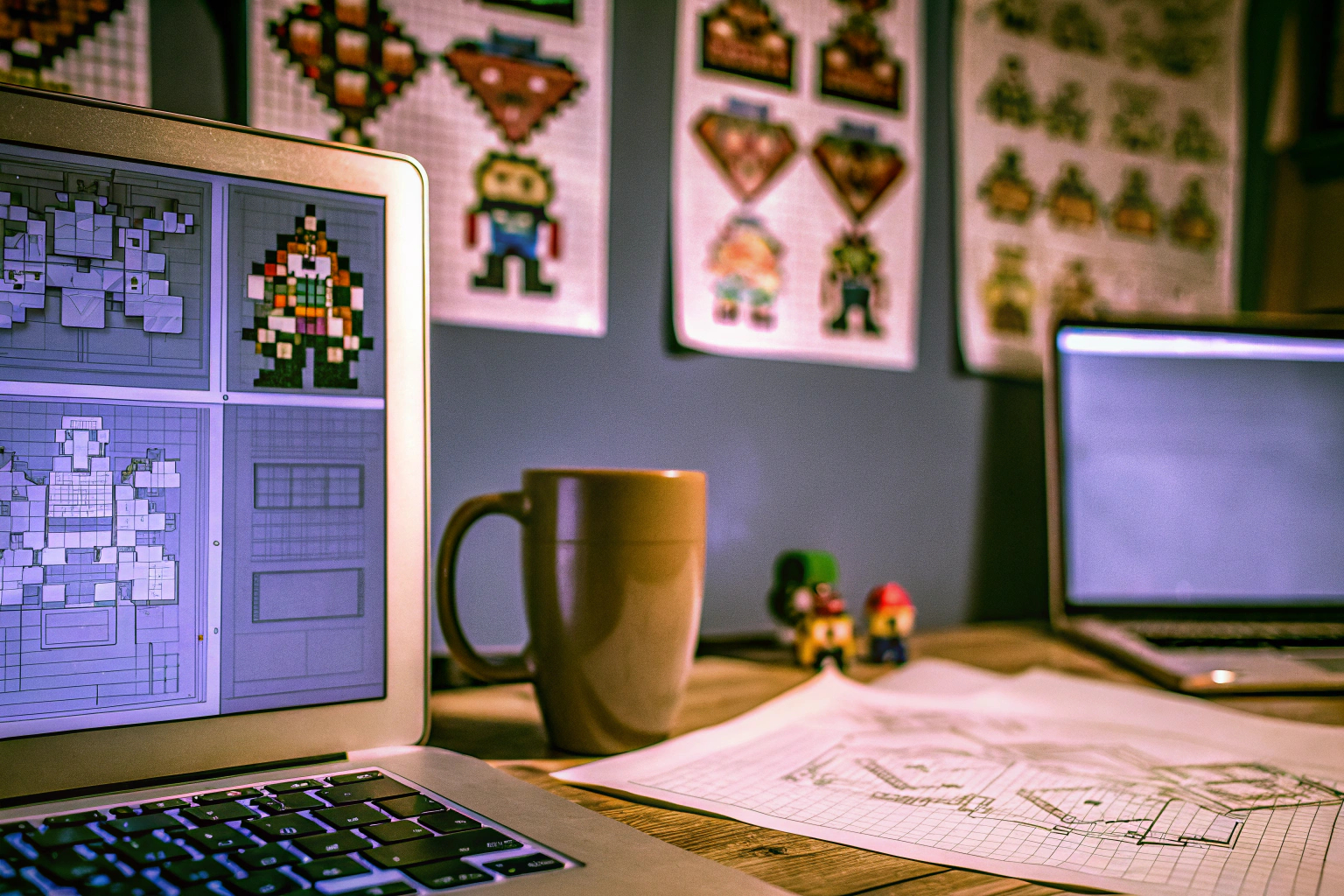Ein Bild von einem Indie-Spielentwickler bei der Arbeit an einem neuen Spiel. Indie-Spielentwickler bei der Arbeit