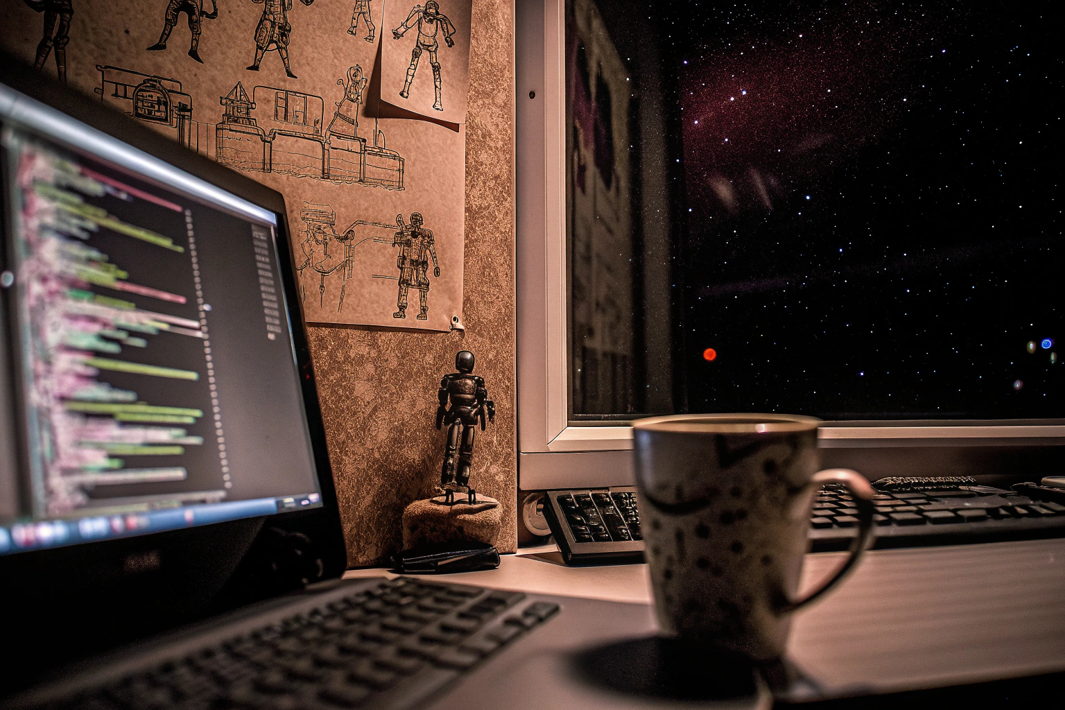 Ein Bild von einem jungen Entwickler, der an einem Computer sitzt und an einem Spiel arbeitet. Junger Spieleentwickler bei der Arbeit