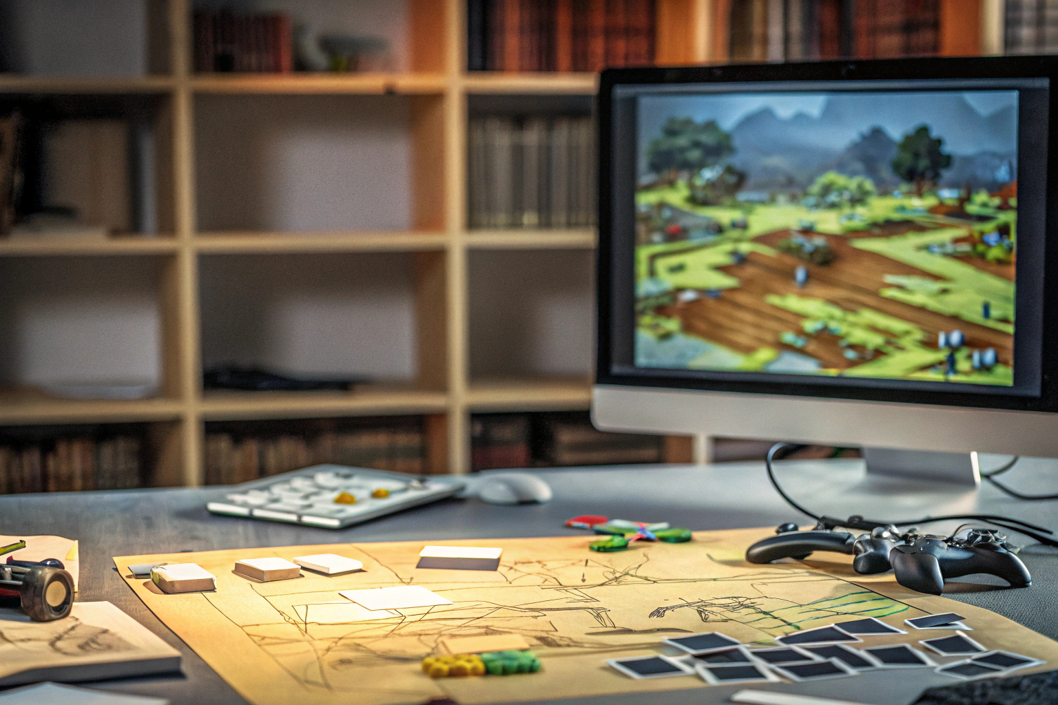 Ein Bild von einem jungen Entwickler, der stolz sein erstes selbstentwickeltes Spiel präsentiert. Junger Entwickler mit Spiel