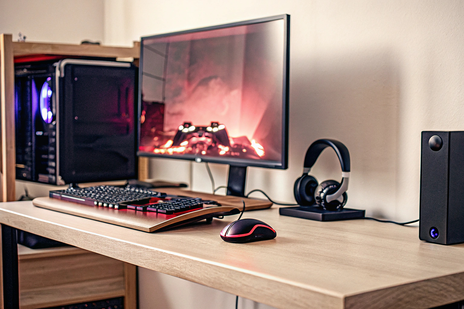Ein Bild von einem jungen Gamer, der an einem Computer spielt und dabei professionelles Equipment nutzt. Junger Gamer mit professionellem Equipment