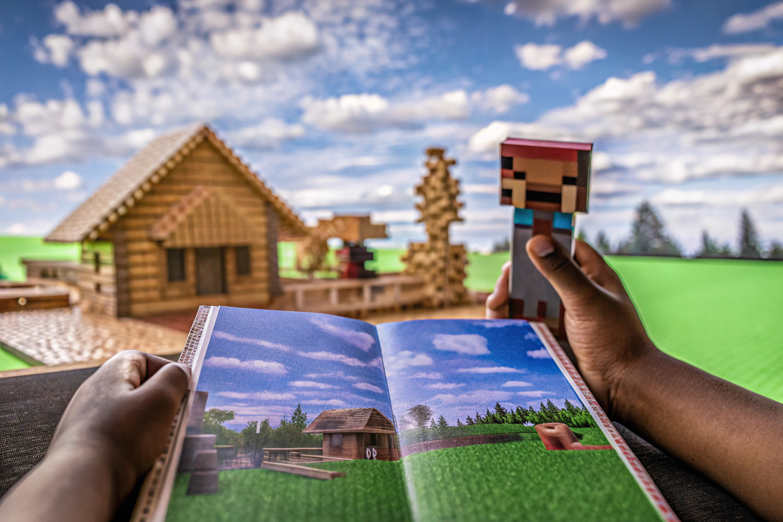 Ein Bild von einem Minecraft-Fan, der ein Buch liest. Minecraft-Fan liest Buch