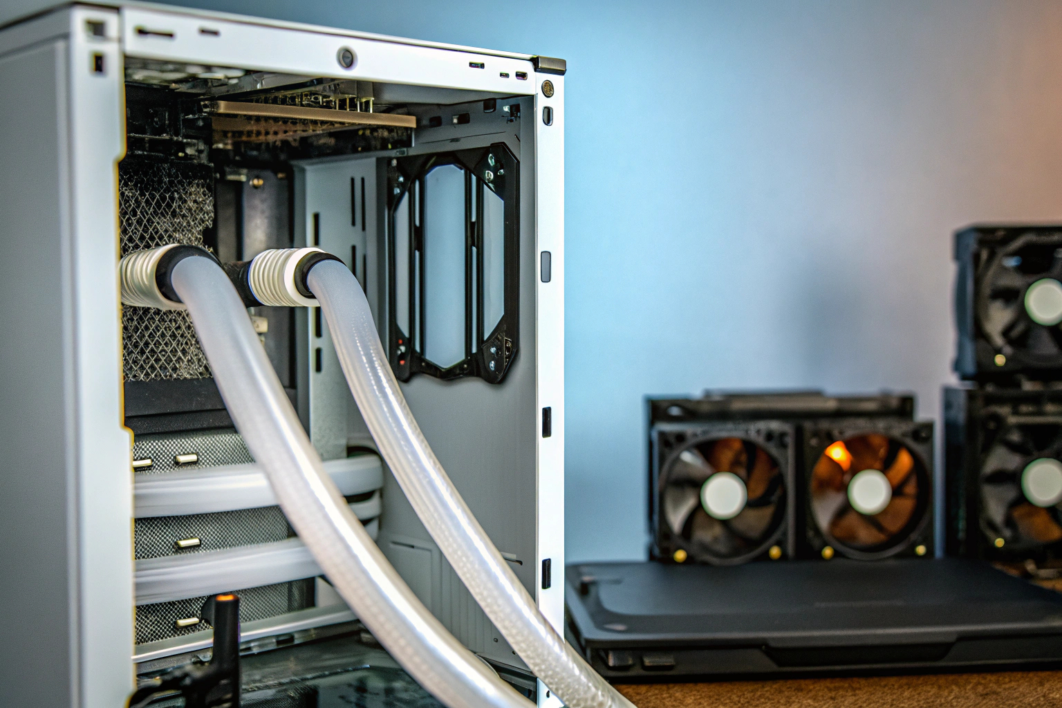 Ein Bild von einem PC mit einem offenen Gehäuse, das verschiedene Kühlsysteme zeigt. PC mit verschiedenen Kühlsystemen