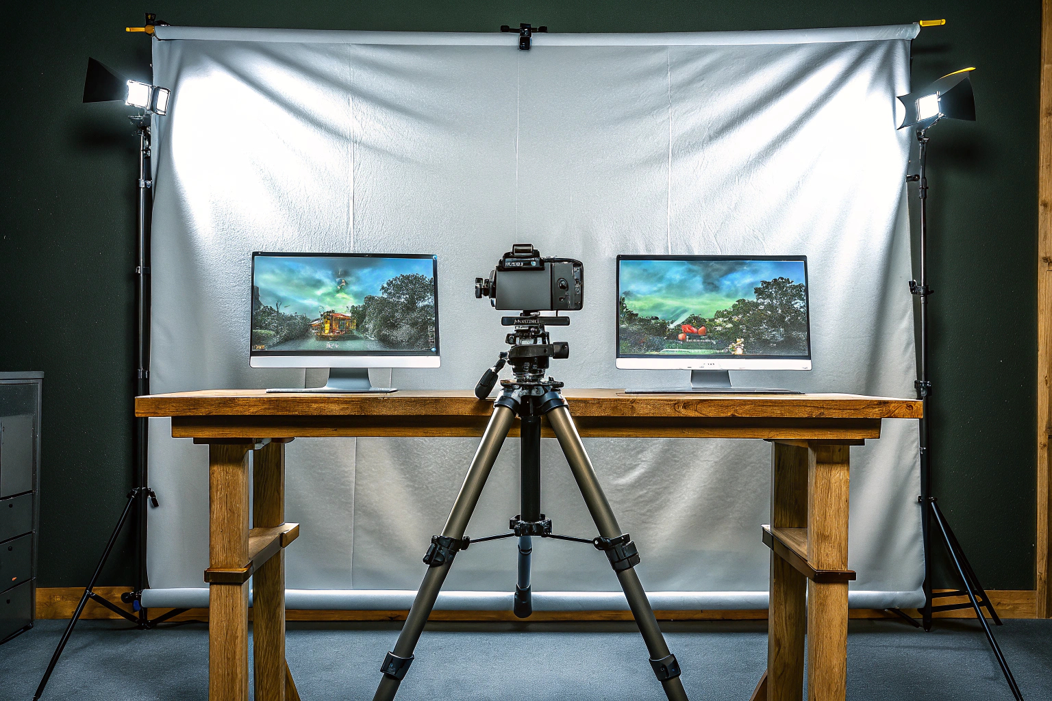 Ein Bild von einem Streamer in einem professionellen Setup mit Kamera, Mikrofon und Greenscreen. Streamer in professionellem Setup