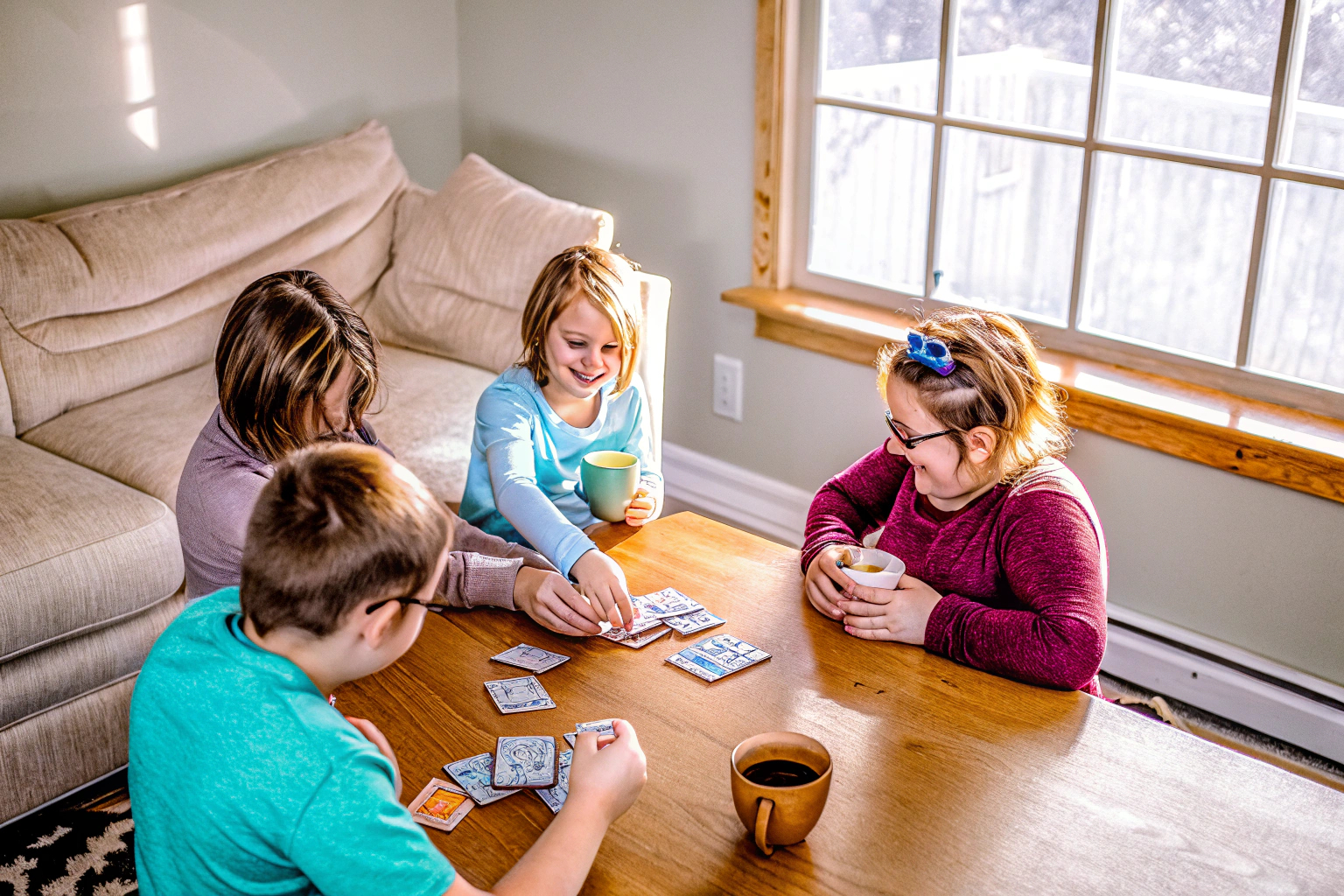 Ein Bild von einer Familie, die ein Kartenspiel spielt. Familie beim Kartenspielen