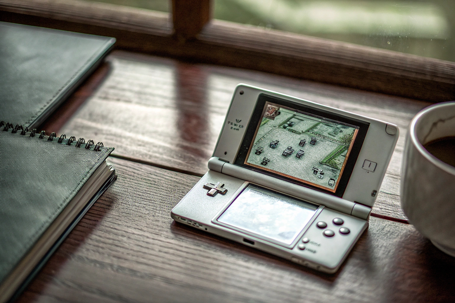 Ein Bild von einer Handheld-Spielkonsole mit einem klassischen Spiel auf dem Bildschirm. Handheld-Spielkonsole mit Retro-Spiel