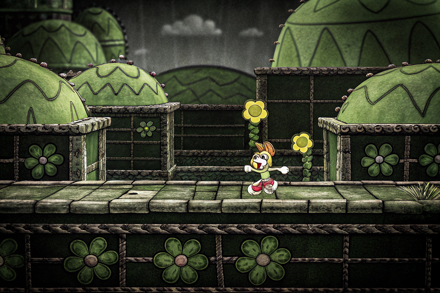 Ein Bild von Rayman, der durch eine bunte Plattformwelt springt. Rayman Origins Plattformspiel