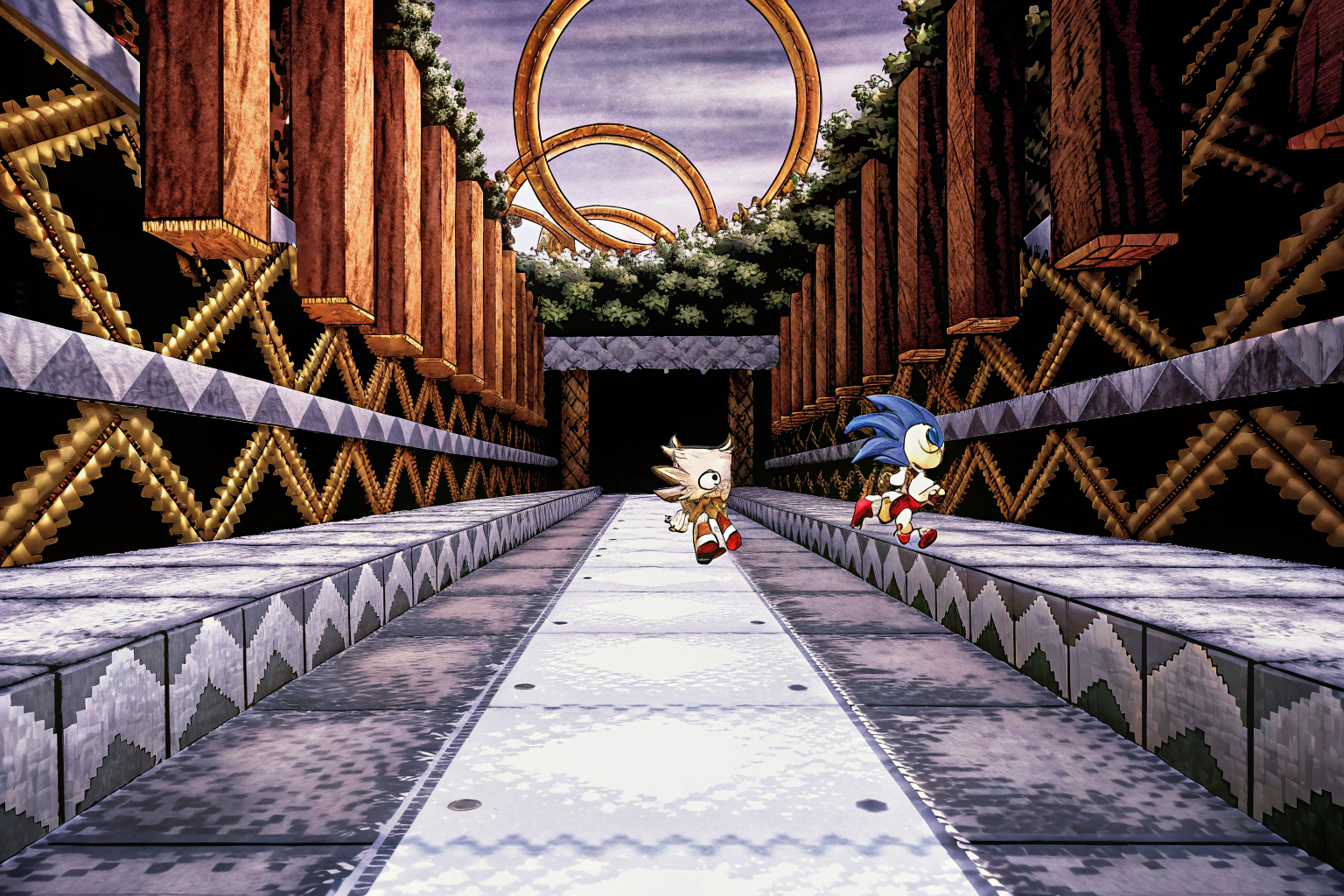 Ein Bild von Sonic und seinen Freunden in einem aufregenden Level aus Sonic Mania Plus. Sonic und Freunde in Sonic Mania Plus