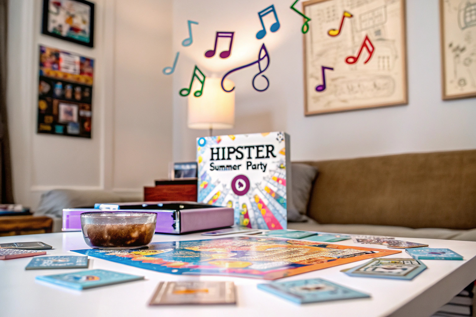 Ein Brettspielabend mit Freunden, bei dem 'Hitster Summer Party' gespielt wird, während die Spieler zu Sommerhits tanzen und singen. Hitster Summer Party in Aktion
