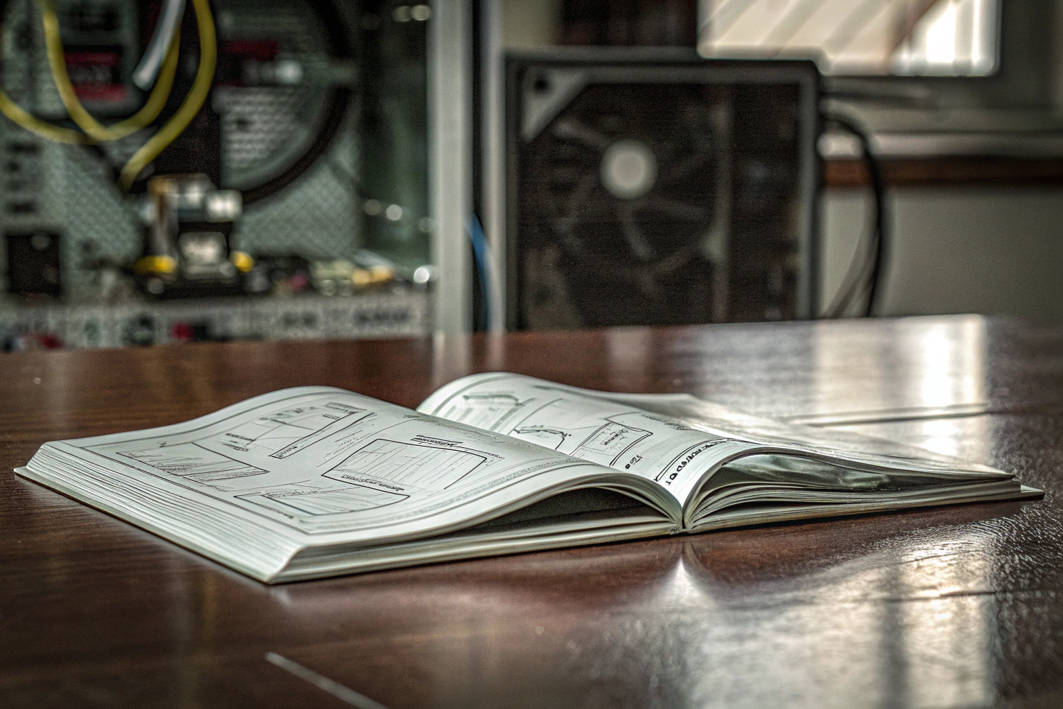 Ein Buch, das Anleitungen zum PC-Bau bietet, liegt auf einem Tisch neben PC-Komponenten. PC-Bau Handbuch