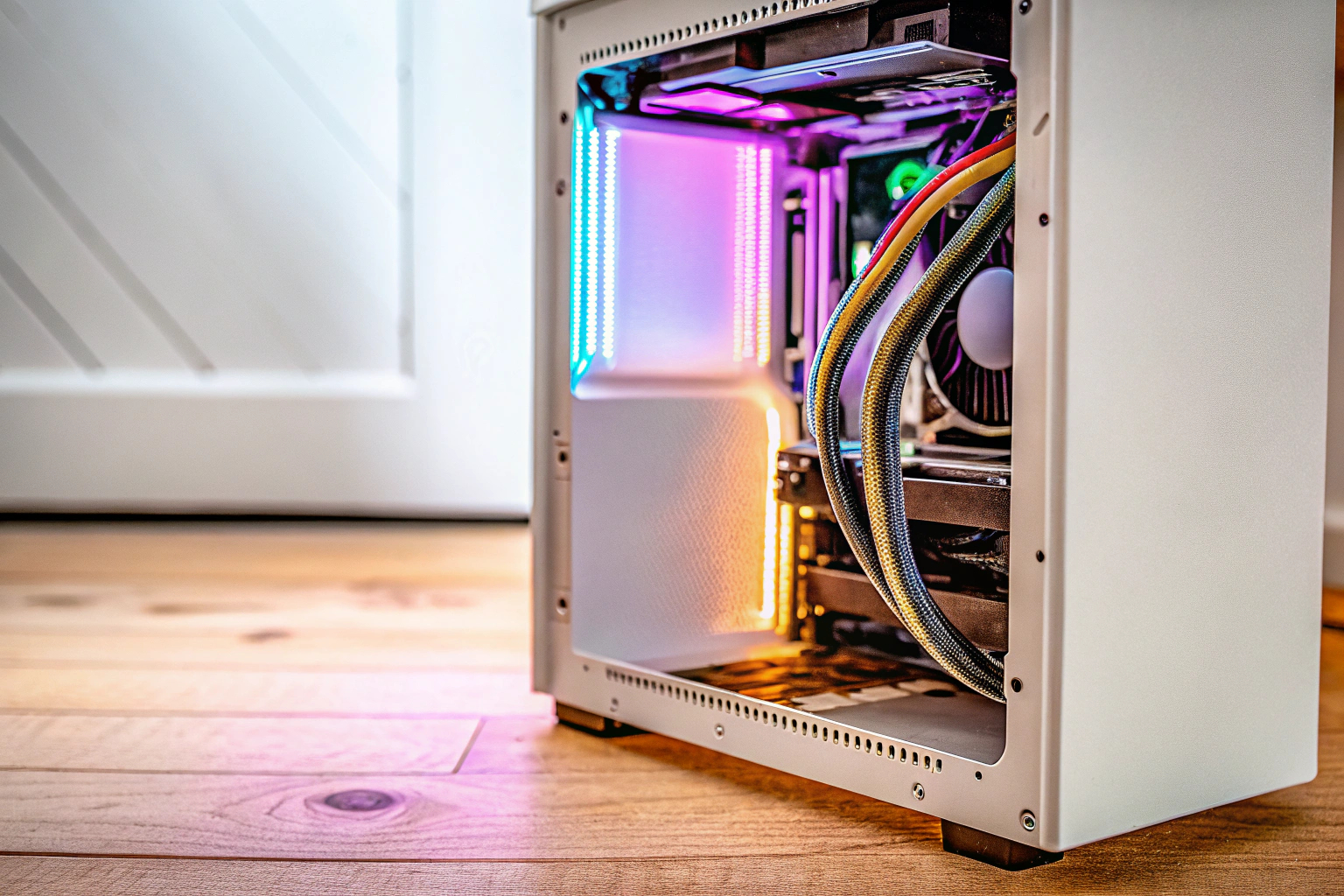 Ein Computer, der für das Gaming optimiert wird, mit geöffnetem Gehäuse und sichtbaren Hardwarekomponenten. Gaming-PC-Optimierung