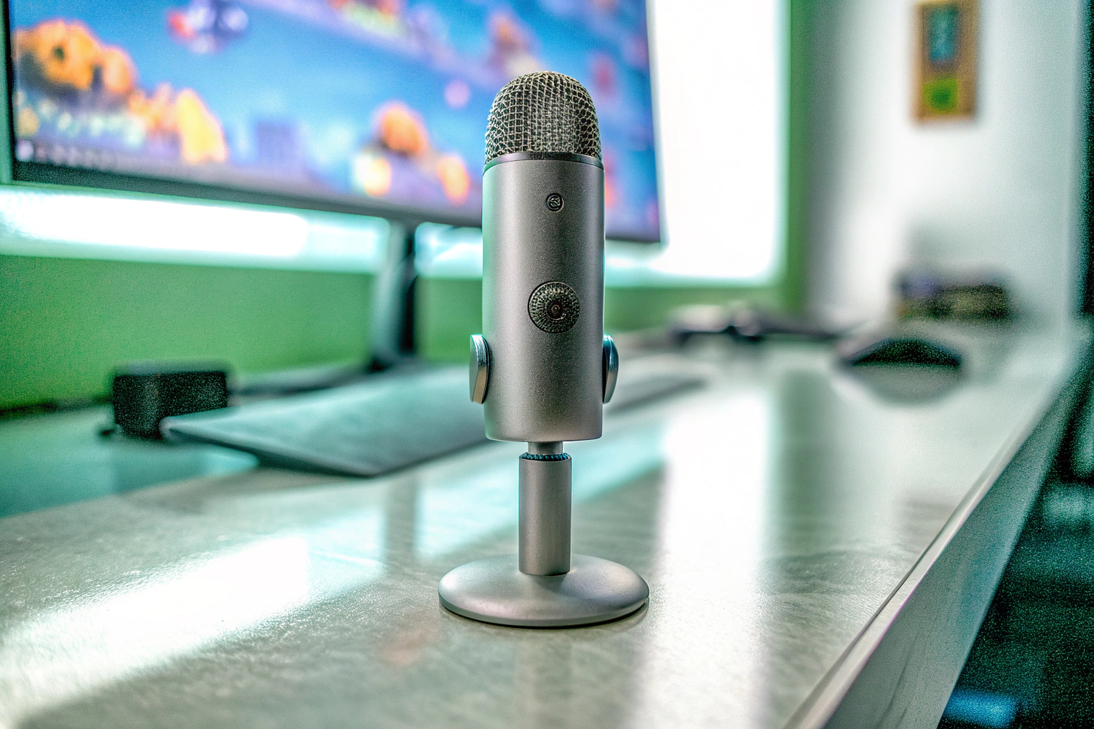 Ein Content Creator, der mit einem hochwertigen Mikrofon Audioaufnahmen macht. Content Creator mit Mikrofon