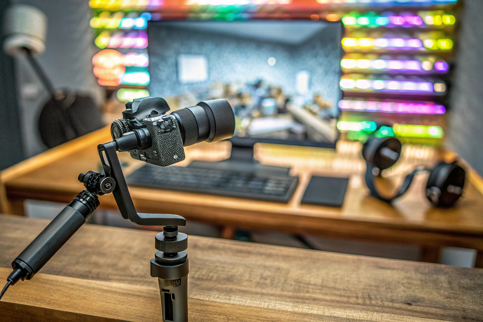 Ein Content-Ersteller verwendet einen Gimbal-Stabilisator bei der Aufnahme. Content-Ersteller mit Gimbal