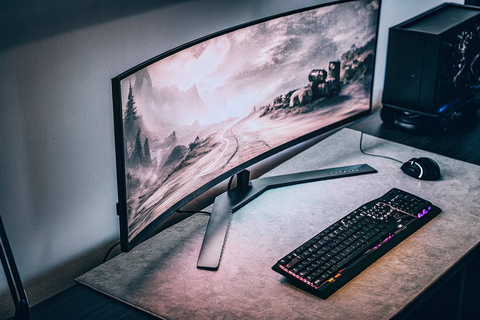 Ein Curved-Monitor auf einem Gaming-Schreibtisch mit RGB-Beleuchtung Curved-Monitor Gaming-Setup