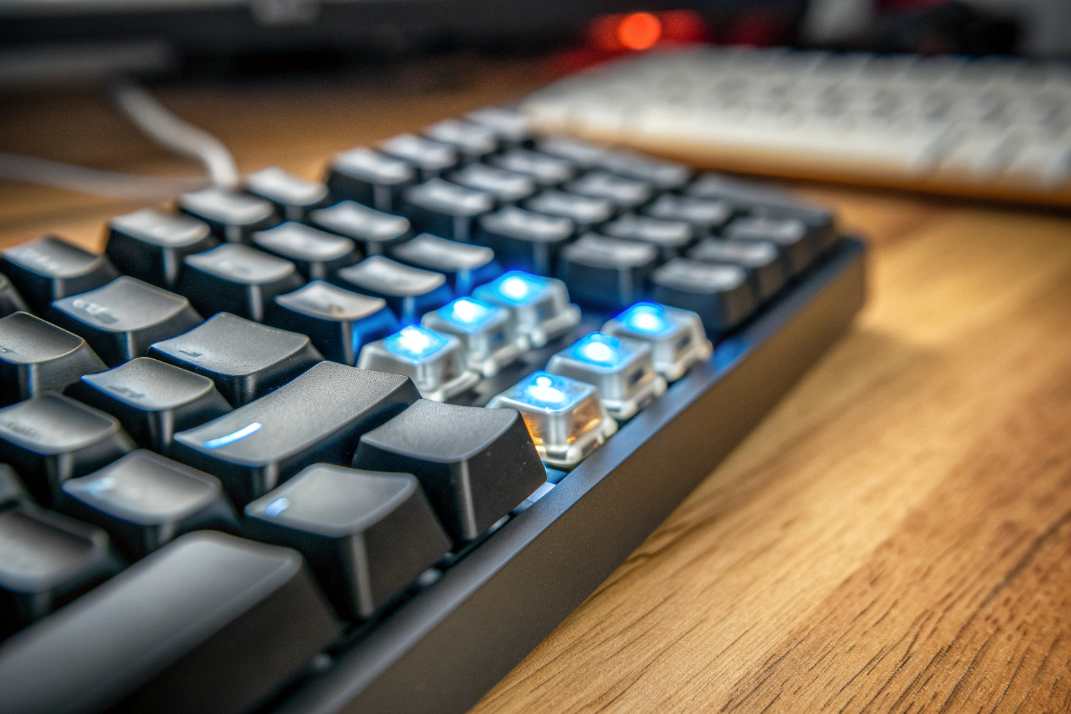 Ein detailreiches Bild einer mechanischen Gaming-Tastatur mit Blue Switches. Mechanische Gaming Tastatur mit Blue Switches