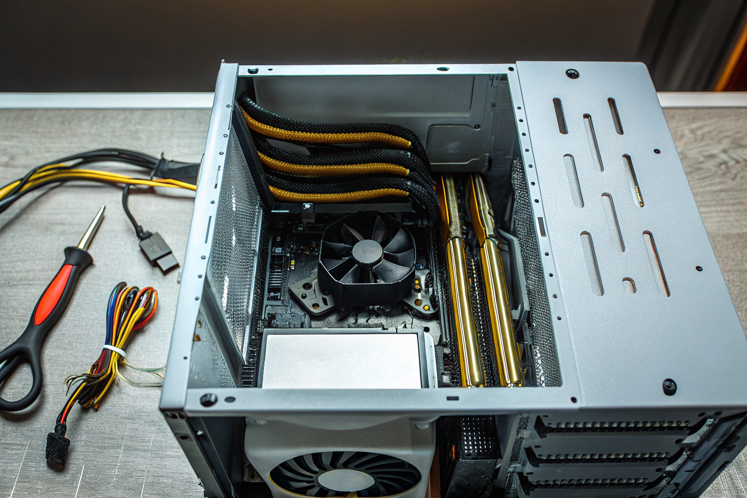 Ein detailreiches Bild eines geöffneten Computergehäuses mit allen Komponenten im Inneren. Geöffnetes Computergehäuse