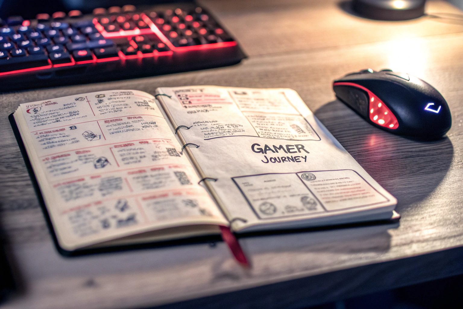 Ein detailreiches Gaming-Notizbuch mit kreativen Aufzeichnungen und Skizzen eines Gamers. Gaming-Notizbuch mit Aufzeichnungen