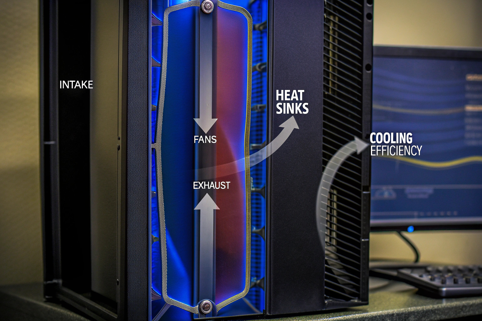 Ein Diagramm, das die Luftzirkulation in einem PC-Gehäuse zeigt. Diagramm der Luftzirkulation in einem PC-Gehäuse